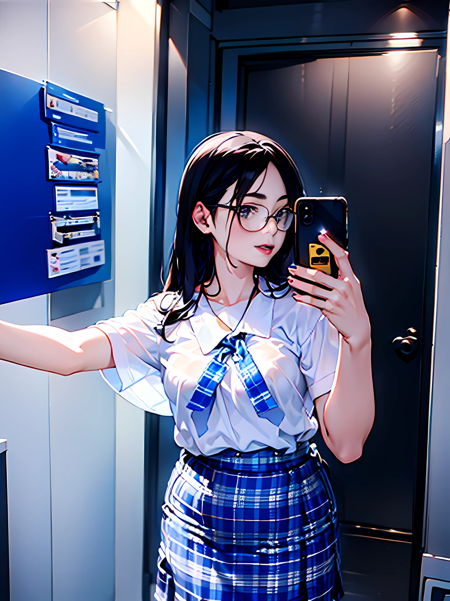 there is a woman in a school uniform taking a selfie, wearing white and blue school uniform, dressed as schoolgirl, wearing a blue and white school uniform,( wearing blue plaid pencil skirt ), pencil skirt, plaid pencil skirt school girl, with square glasses, cute schoolgirl, with glasses, 18 years old, she wears harry potter glasses, cute slightly nerdy smile, girl wearing uniform, 21 years old, anime, modern anime, !!wearing modern glasses!!, !!white top!!