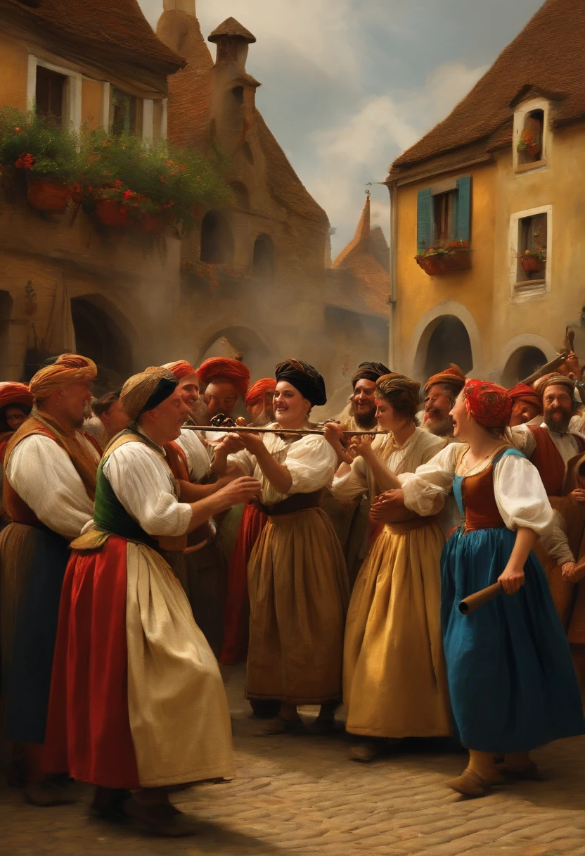 festival, Dancing, playing the pipe, Rejoicing in the village square. in the 17th century