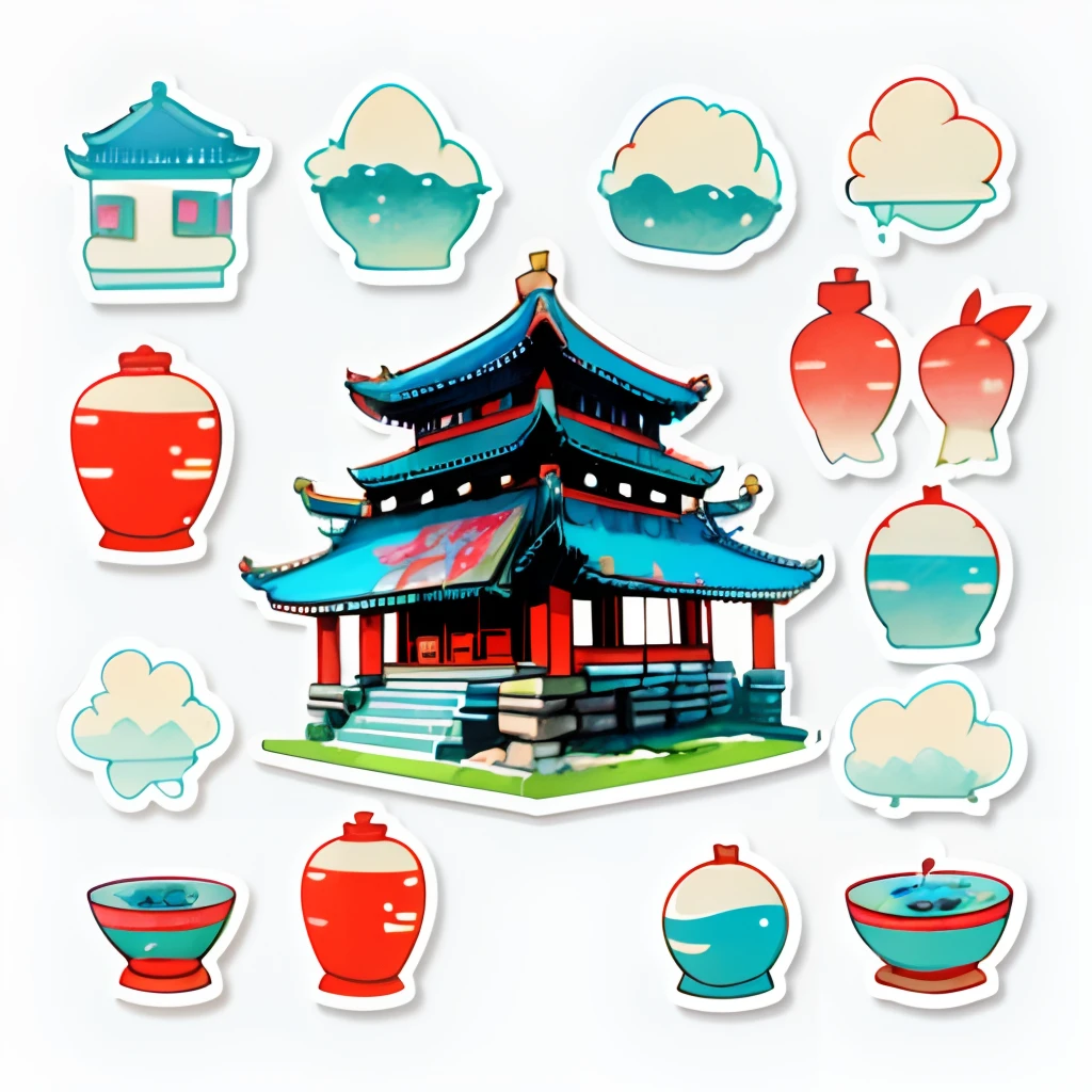 1 sticker, (stickers, ancient chinese city near a sea), watercolor, white background, simple background, minimal, tiny, pastel color, vector style, no gradient,
