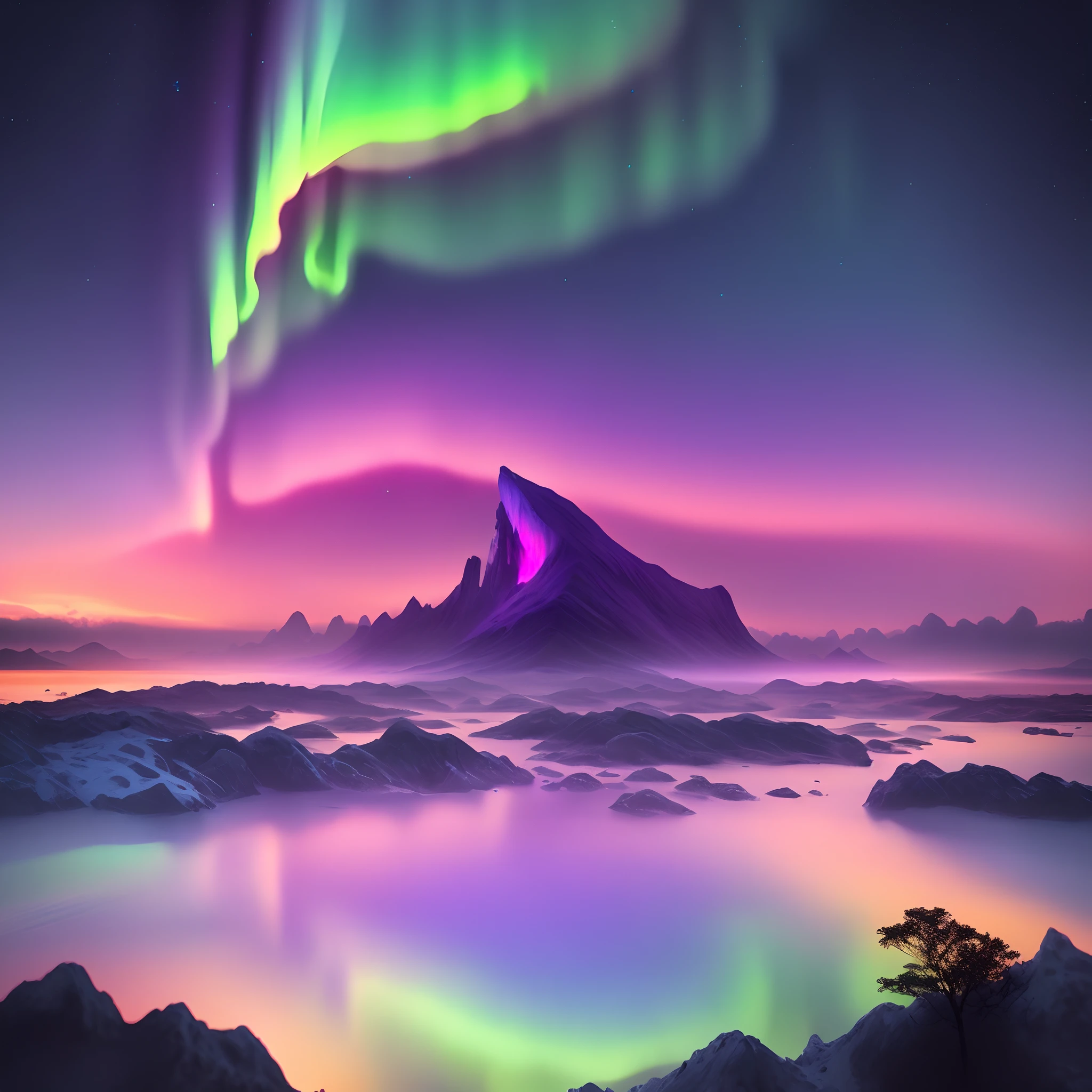 make me a 500 x 500 pixel GFX that has a and above it blue, purple and pink gradient sky aurora