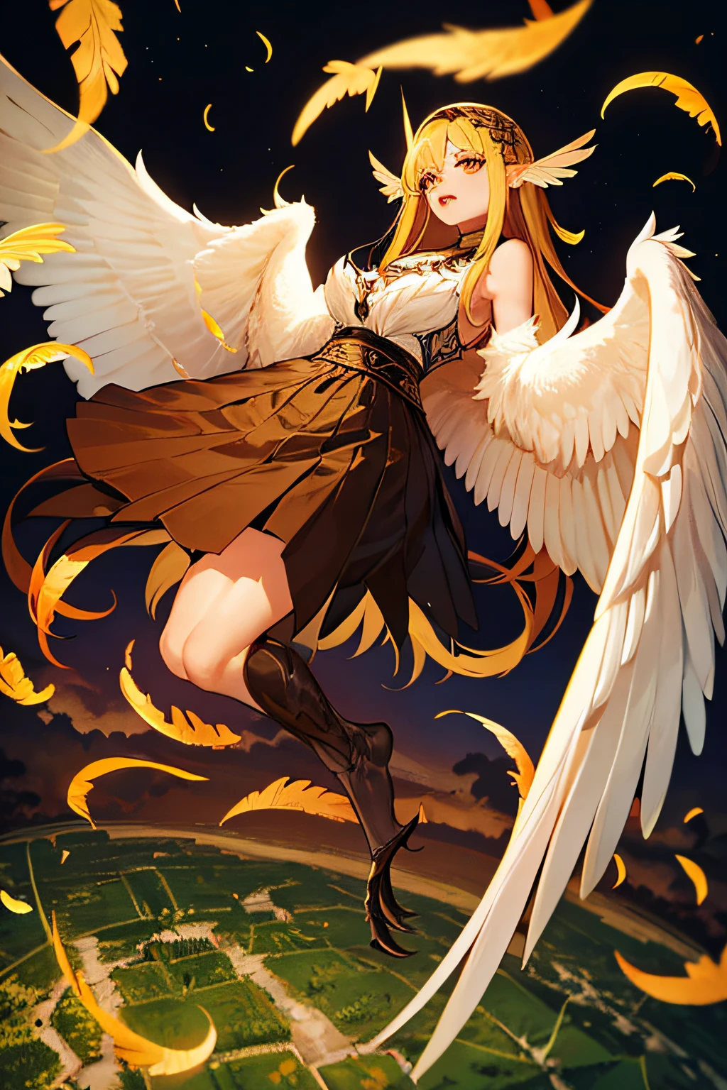 Harpyia is a mythological creature that combines bird and human elements. Their body resembles a woman with human hands and head, but they have large wings similar to birds of prey. These wings have thick feathers and sharp tips, giving a fierce and deadly impression. Harpyia's face was decorated with sharp eyes full of intelligence, with long hair flying in the air as they flew. Their strong and sharp claws suggest strength and awesomeness. They are often depicted wearing simple clothing, often made from natural materials such as leather or leaves, showing their carefree nature and connectedness to nature. (