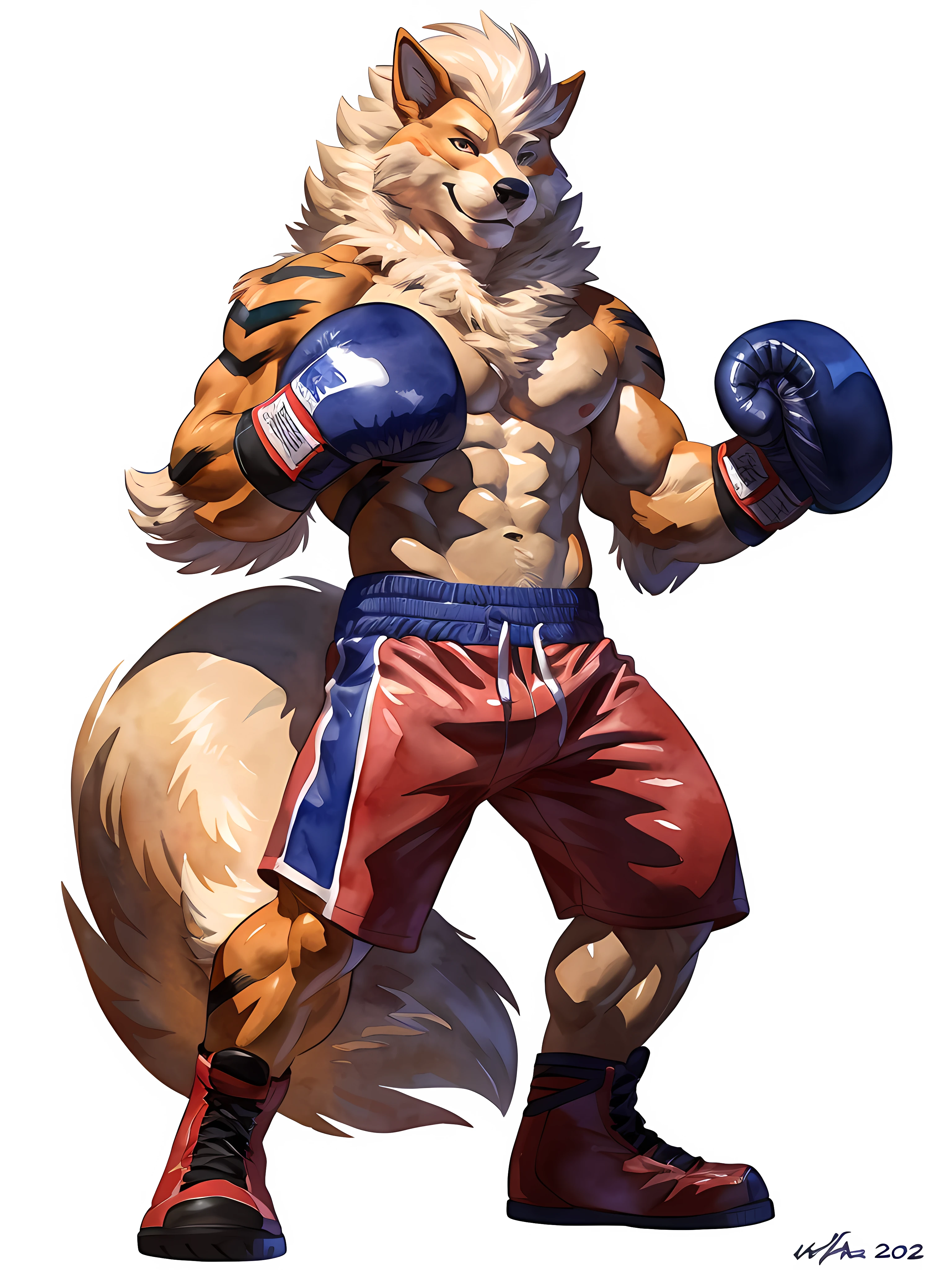 anthro Arcanine, posing for the camera, wearing boxing gloves. 4k, high resolution, best quality, posted on e621, (solo:1.2), anthro body, male, mane, adult, masculine, (athletic, muscular, heavyweight:1.2), correct anatomy, (white background, no background), (by wfa:1.2), (by chunie, by Taran Fiddler:0.8), (detailed eyes:1.2), sexy, (cel shaded:1.2), cartoony shading, (watercolors:1.2), (fluffy tail:1.2), (full body:1.2), cocky smile, cocky eyes, (boxing gloves:1.2), (boxing trunks:1.2), bright eyes, partial shadows, strong,