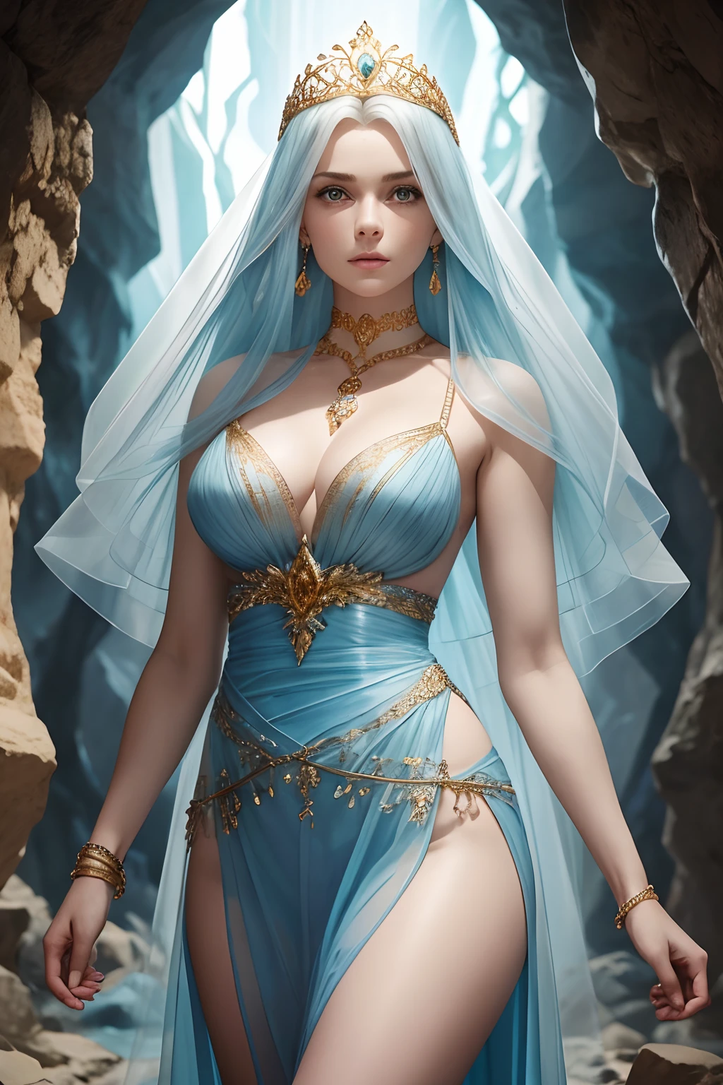 Helga Vonn Eisendorff (cabelos longos loiros), em um longo vestido azul claro com longas fendas laterais ( Tecido transparente ), (light blue dress), tiara dourada, golden armlets, braceletes de ouro, faixa dourada, colar choker de ouro, brindos de argola, pale skinned, Curvilinear athletic body, coxas expostas, longos cabelos loiros, CABELOS SOLTOS, olhos azuis, - Caverna iluminada, imagem detalhada 64K