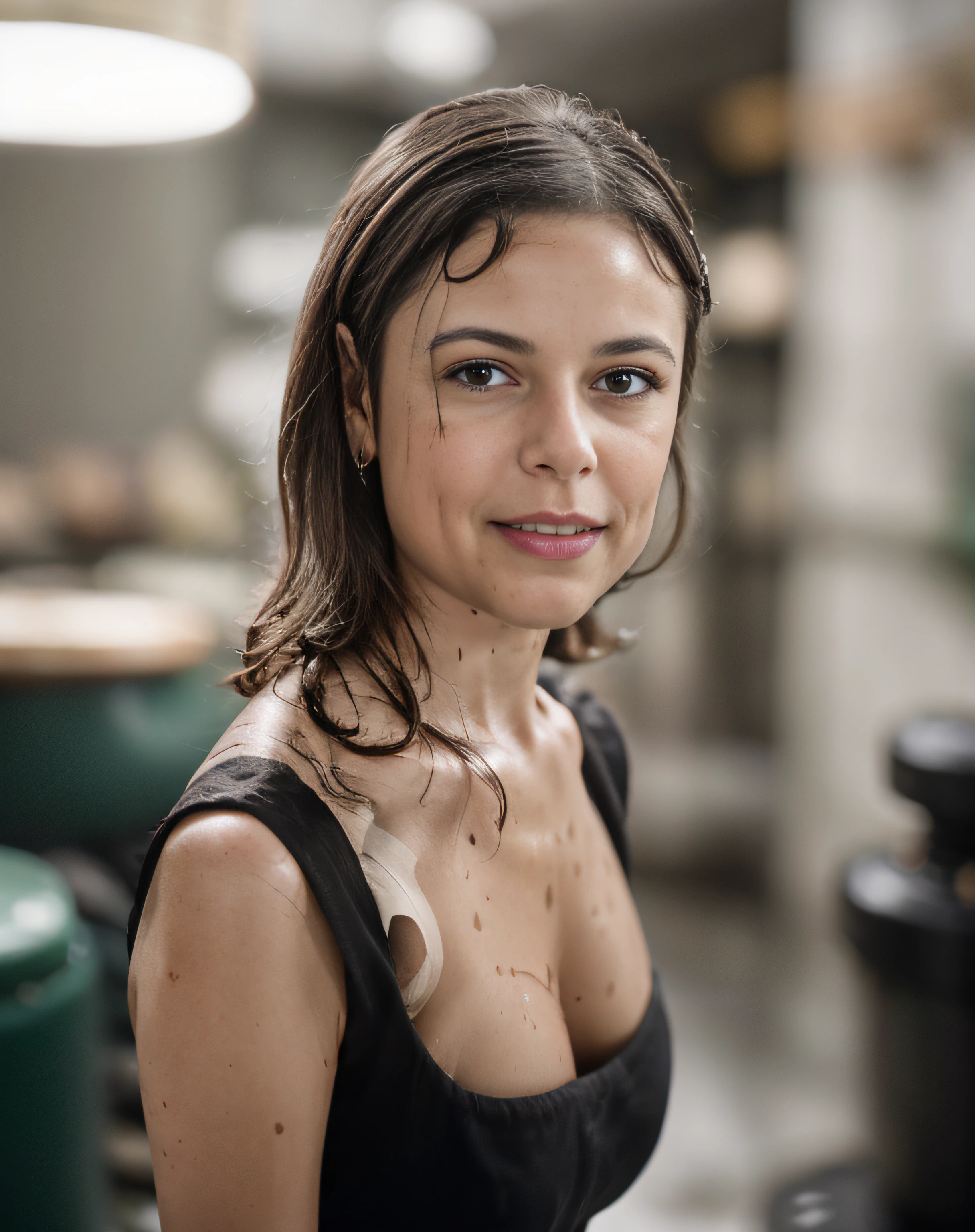 Photo of jortega at the giggling, solo, blue eyes, reverse bob haircut, shiny skin, WET skin, headshot, warm atmosphere, photograph, photoshoot, Captured by Panavision Panaflex Platinum Camera with Panavision Primo Primes Spherical Lens 85mm T1.8