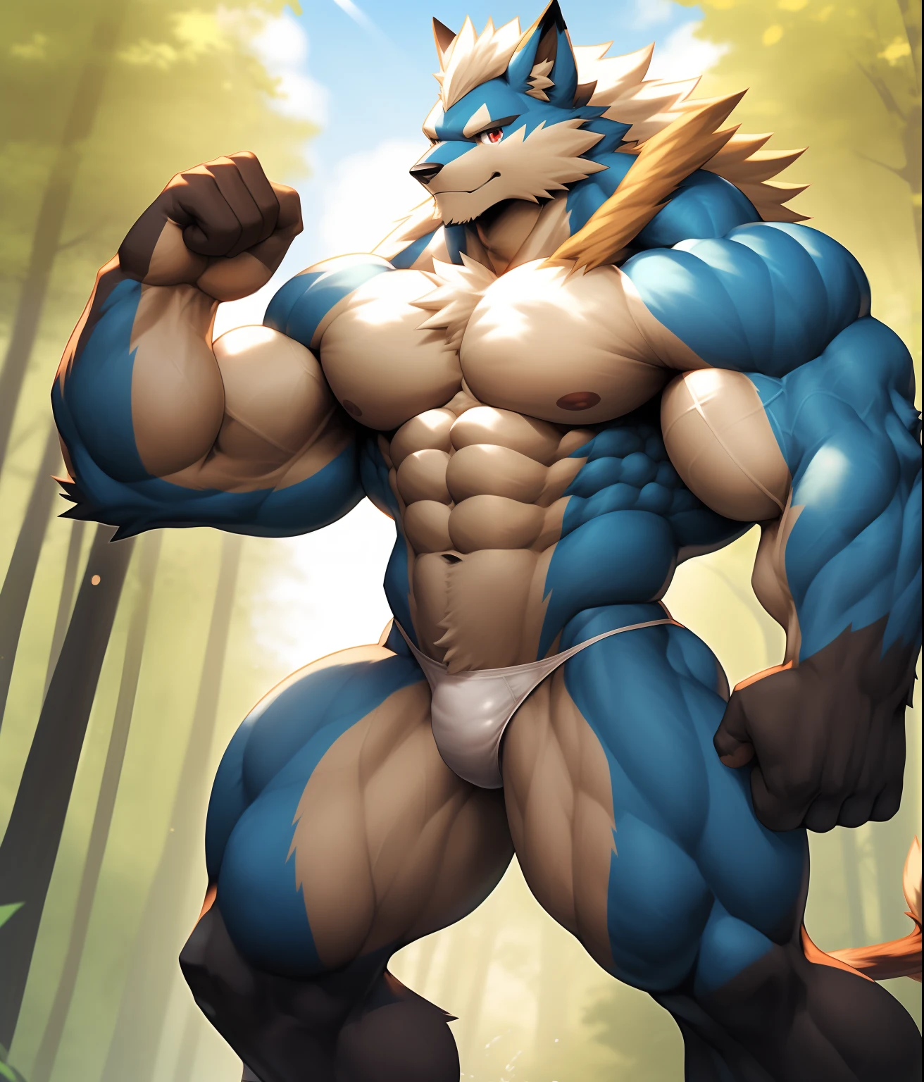 PRO competitive bodybuilder, nj5furry, (Lucario,, massive, huge, muscular, Gigachad), (((((WHITE THONG))))) Lucario, YOUNG FACE, TEEN, ((extremely realistic shadows, masterpiece, extremely detailed, photorealistic)), kemono, looking at the viewer, ((FRONT)), friendly loo6k, Leomon, ((detailed face)) nose, red eyes, ((detailed eyes)), cream skin, cream fur, cream hair, cream mane, height 3 meters high, the optimal height, tight clothing, 110 kg, body full of huge muscles; muscle and bulge pecs, ripped abs, V-shaped body, thick waist, long legs, strong arms manly, handsome face, attractive cool calm face type with a mischievous smile, topless. Mountaint forest, day, sun, sun rays, clouds, birds; bulge in the crotch, wears a small white string thong that reveals huge, muscular thighs, (((she wears a very tight little white string thong))), bulging biceps. A muscular bodybuilder in the making. A potential PRO competitive bodybuilder and bulging neck. ((Almost naked))
