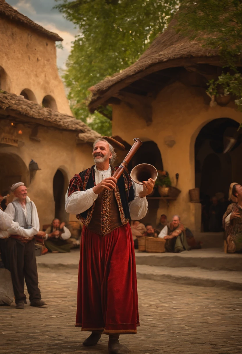 festival, Dancing, A man plays a pipe, Rejoicing in the village square. in the 17th century
