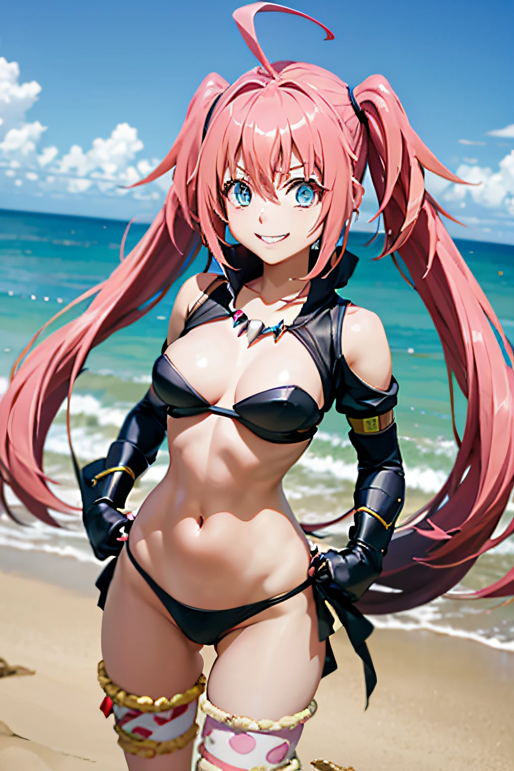 1Female、Tensei shitara slime datta ken(((Milim Nava))), King Lord demon、Milim Nava's masterpiece body、High Quality Bikini Armor、Black bikini armor、Accurate Milim Face、blue eyes、gaze evil、pink hair、two-tailed、Proud double tails、barefoot, medium feet, rounded toes ultra quality, ultra detailed, rounded nails painted in ultra detailed black nail polish、Average breasts、one smile、huge smile、big ahoge, full body photo, muscular belly, on the beach, ultra detailed and realistic legs, ultra detailed face, perfect scenery, doing victory position, looking down