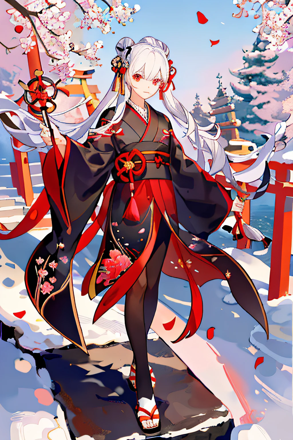 ((masterpiece,best quality)),1girls, black legwear, black ribbon, white hair, day, flower, hair bun, hair ribbon,kimono, long hair, looking at viewer, obi, outdoors, red eyes, red hair, ribbon, sandals, single hair bun, stairs, standing, statue, torii, tree, white kimono, red eyes,Magic Girl,Vigorous,Magic Wand