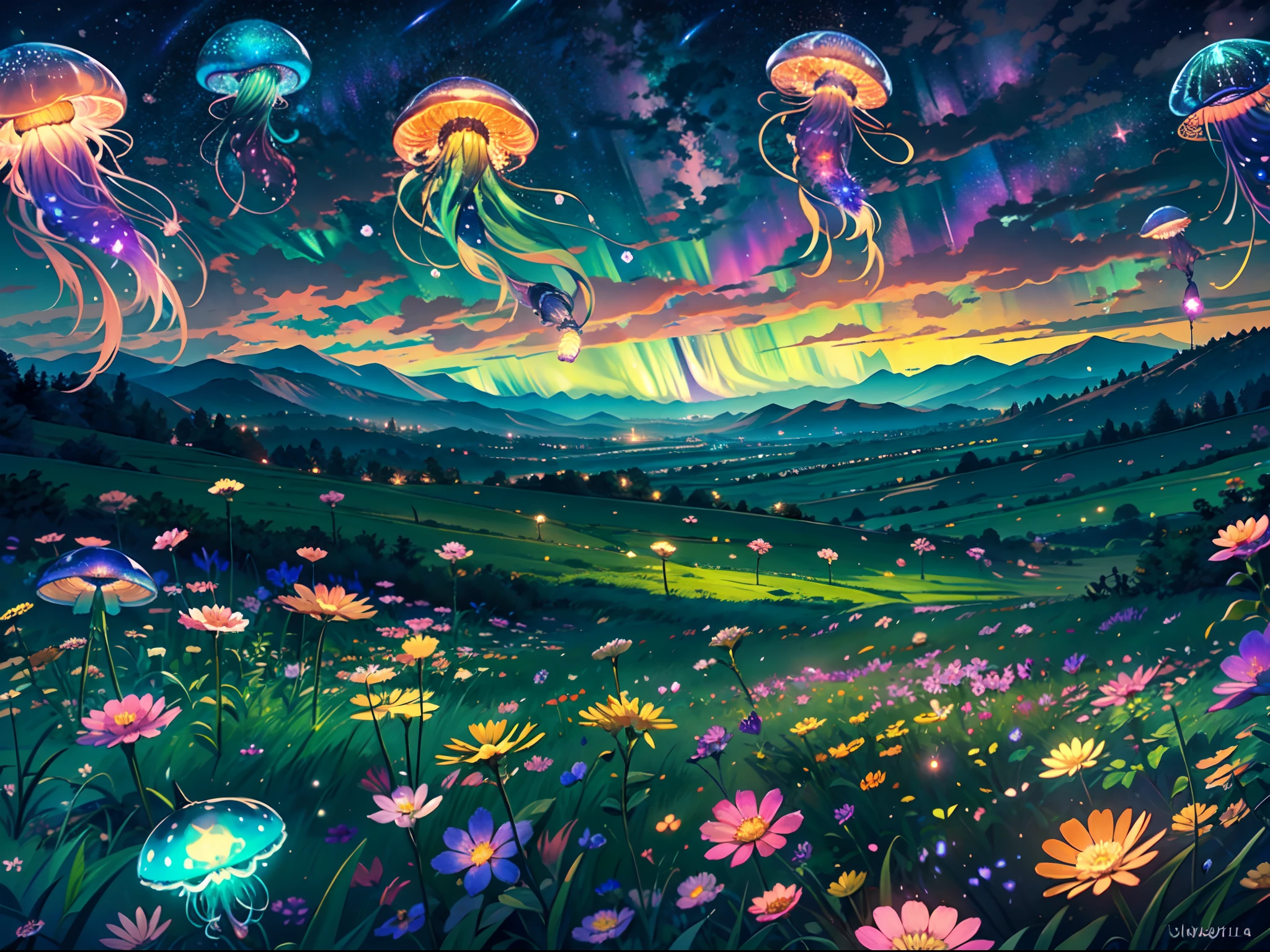 night, vast plain of grass, floating colorful jellyfish, lost of jellyfish floating around, sea of flower, fireflies, (vivid aurora on the sky), stars,colorful constellations,luminous glow,whispering grass,enchanted spectacle,azure night sky,mesmerizing tranquility,illuminated petals,celestial serenity