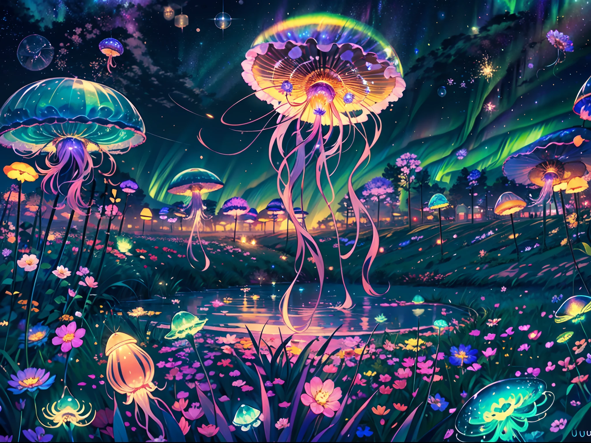 night, vast plain of grass, floating colorful jellyfish, lost of jellyfish floating around, sea of flower, fireflies, (vivid aurora on the sky), stars,colorful constellations,luminous glow,whispering grass,enchanted spectacle,azure night sky,mesmerizing tranquility,illuminated petals,celestial serenity