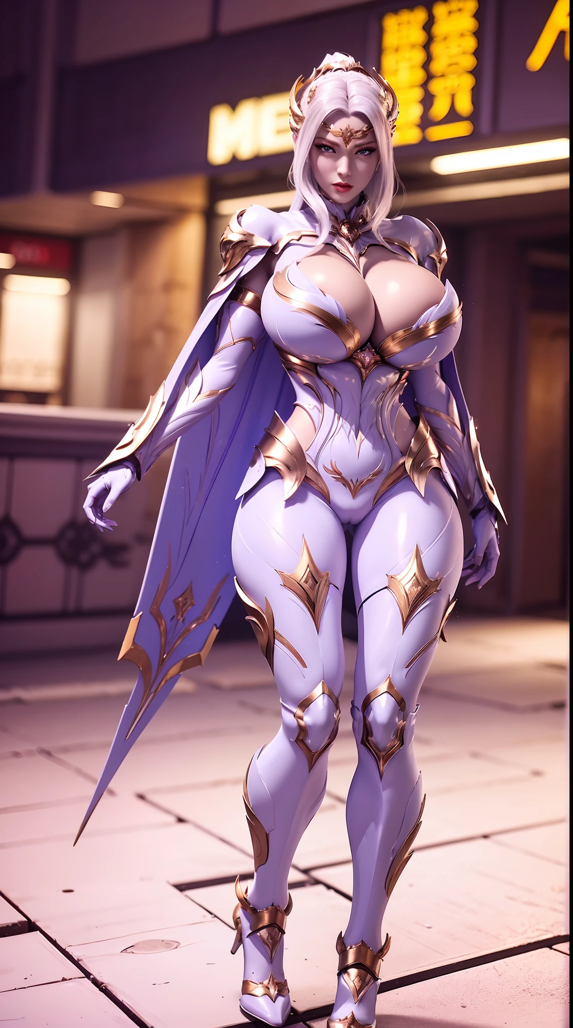 (DRAGON QUEEN HELM, PONYTAIL), (HUGE FAKE BOOBS:1.3), (WHITE, PURPLE, GOLD), (STREET CITY BACKGROUND), (FUTURISTIC ICE PHOENIX MECHA BODYSUIT, ROYAL CAPE, CLEAVAGE:1.2), (SKINTIGHT YOGA HOTPANTS, HIGH HEELS:1.2), (PERFECT BODY, FULL BODY VIEW:1.5), (LOOKING AT VIEWER), (WALKING DOWN:1.2), MUSCLE ABS:1.3, ULTRA HIGHT DEFINITION, 8K, 1080P.