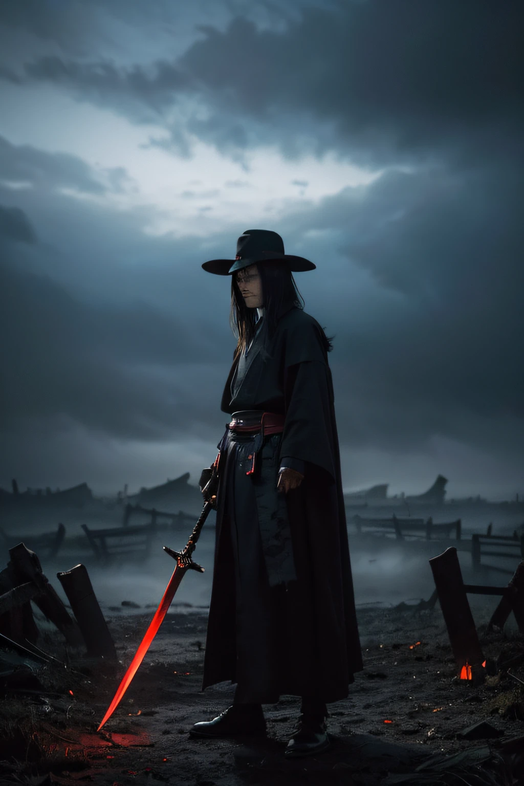 (black and red robe),(matching hat),man,Japanese sword,standing,top of piles of dead body,gruesome scene,haunting atmosphere,(dark and eerie),(dramatic lighting),(intense and menacing),(sinister),(mysterious),(ominous),(chilling),(blood stains),(torn fabric),(lifeless eyes),(creepy vibe),(foggy backdrop), (sinister aura),(eerie silence),(macabre setting),(spooky),(mystical),(deadly),(menacing shadows),(surreal),(intriguing),(horror),(noir),(gothic),(vengeful spirits),(martial arts),(epic),(demon-like figure),(foreboding),(ominous silence),(sinister laughter),(hauntingly beautiful),(ghostly),(ancient ruins),(malevolent presence),(overwhelming power),(battle-ready),(supernatural),(ominous clouds),(samurai),(battlefield),(ferocious),(majestic),(intense focus),(powerful posture),(mystical sword techniques),(determination),(tense),(sinister grin),(ominous energy),(silent assassin),(japanese warrior),(deadly precision),(force of darkness),(supreme evil),(hair raising),(bloodthirsty), (epic showdown).