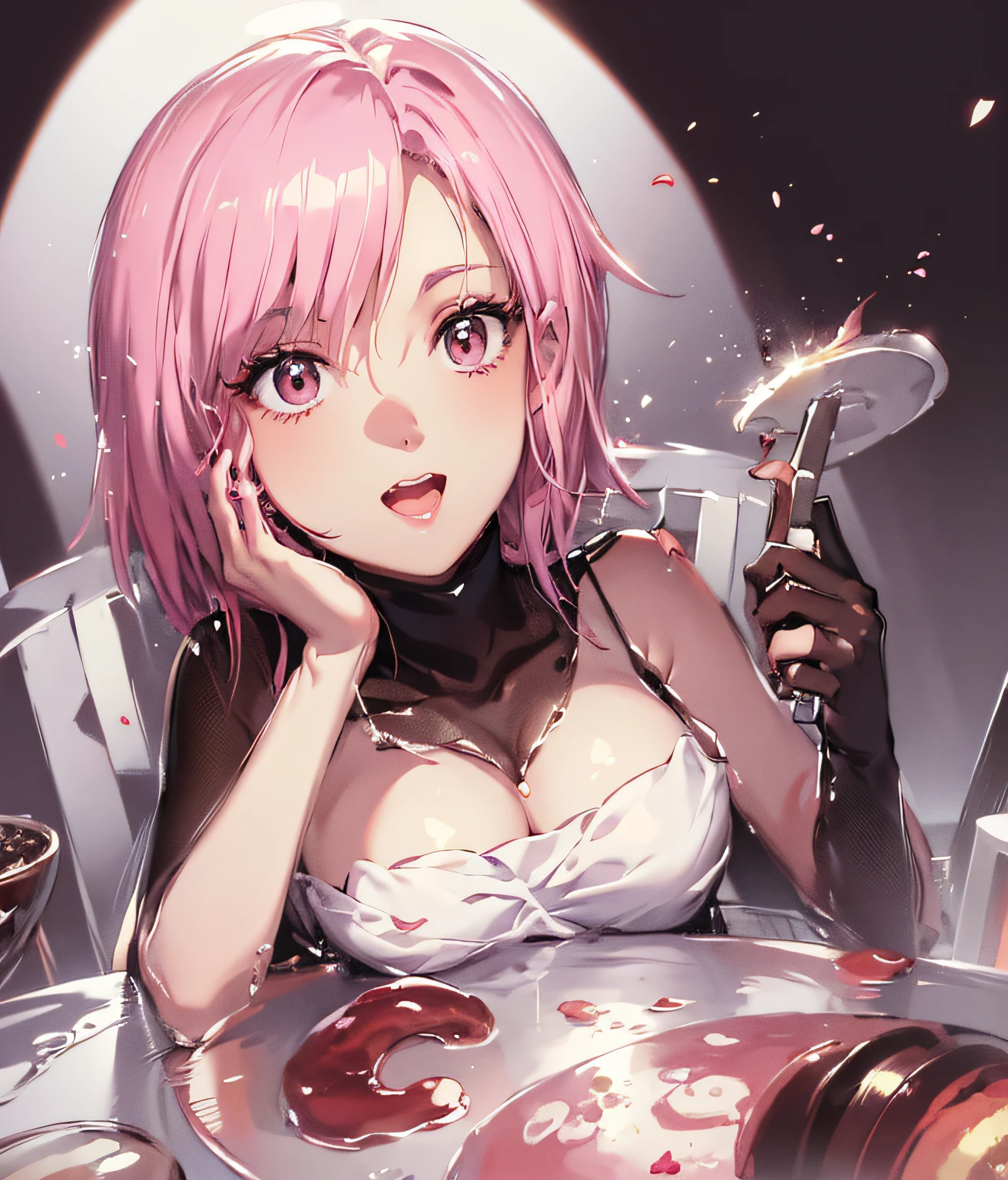 tmasterpiece,Best quality,Super fine illustration,A beautiful girl with pink hair wearing a white vest holding a dinner knife in her hand and sticking slices of meat,