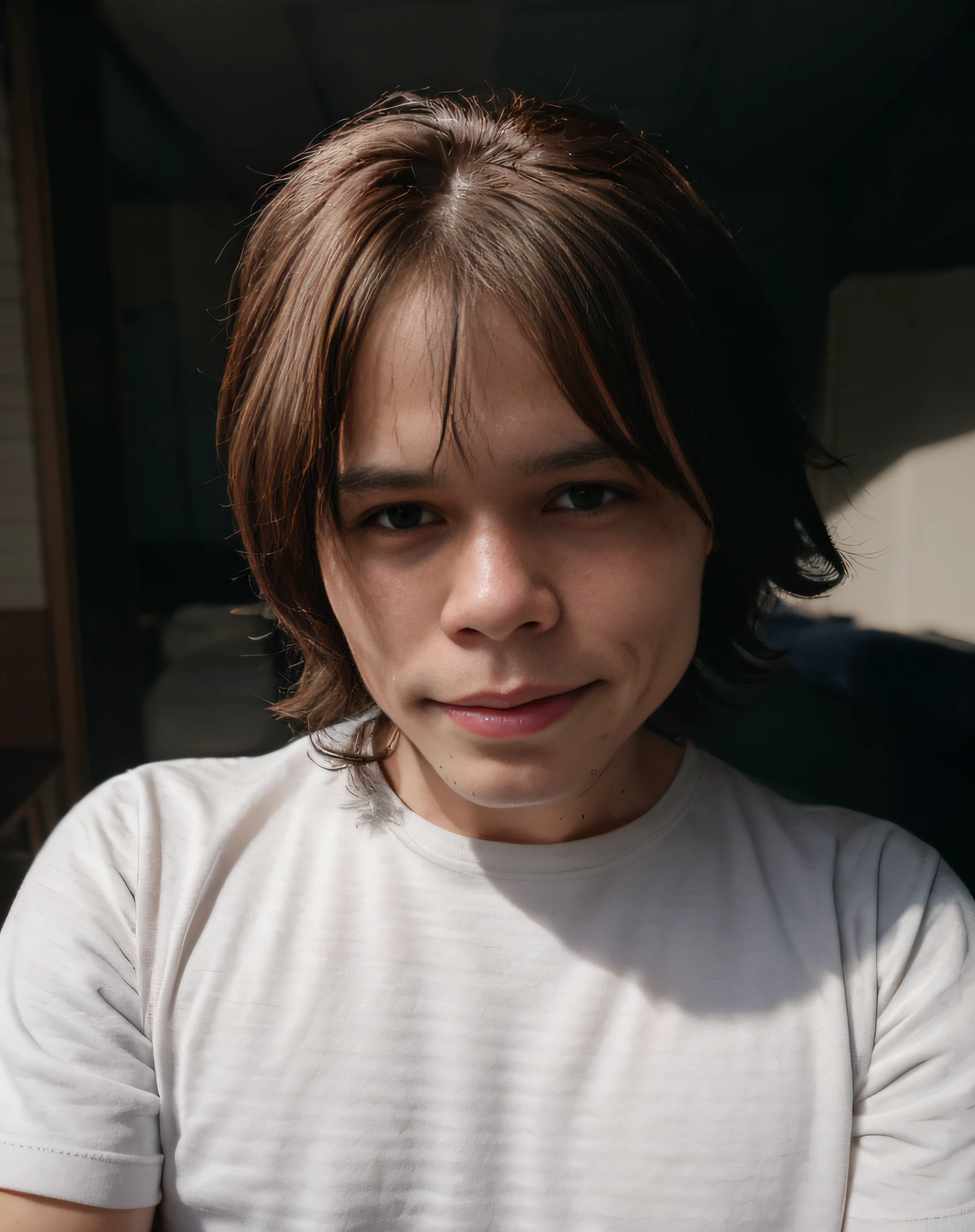 Photo of Giortega giggling, Solo, Blue eyes, Reverse Bob Haircut, Shiny skin, Wet skin, Headshot, Warm atmosphere, photograph, photo shot, Shot with Panavision Panaflex Platinum camera equipped with Panavision Primo Prime spherical lens 85mm T1.8