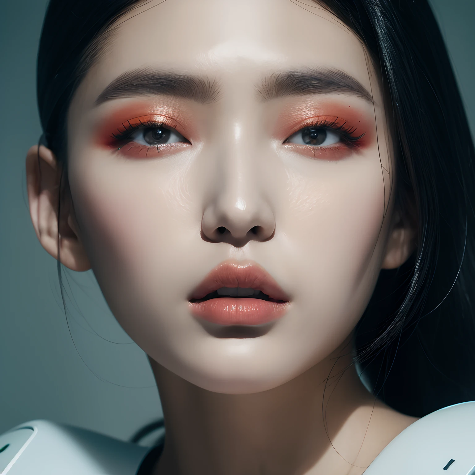 An award winning photography of a cyborg Korean woman. high editorial photo, wearing futuristic normcore fashion, glossy lips, double eyelids, hyper res