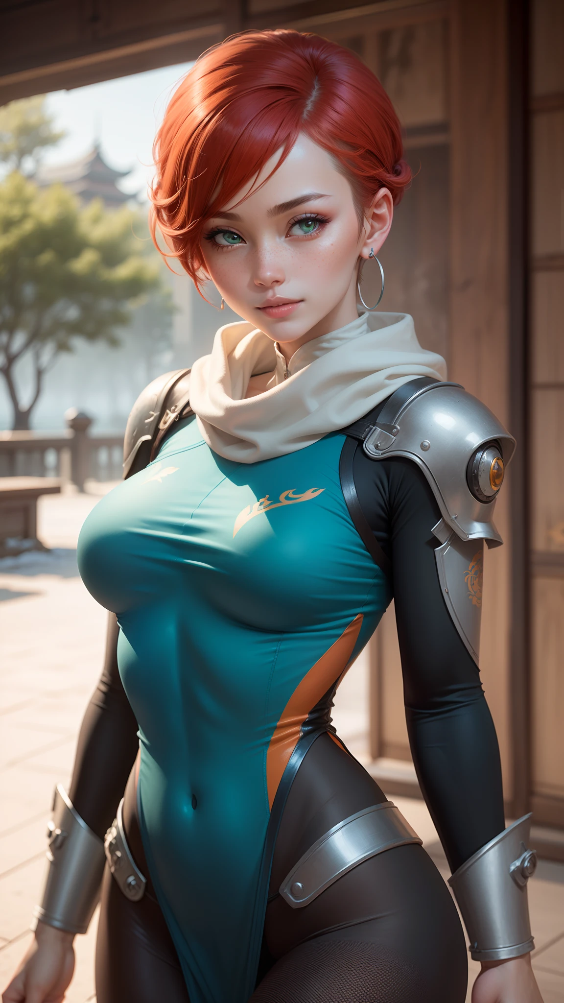 gwen tennyson,tracer,chun-li,rebecca chambers,overwatch,gundam,1girl,close up,mecha pilot,chinese garden,orange and pink chinese dress,flower hair pin,pirate corset,silver long sleeve lycra top,silver leggings,short hair,cute makeup,green eyes,orange and blue hair,shy smile,freckles,redhead,beautiful girl,large breasts,ultra detailed,realistic, fantasy art,chinese plugsuit,chinese armor,snow scarf,feudal era,aqua earrings,