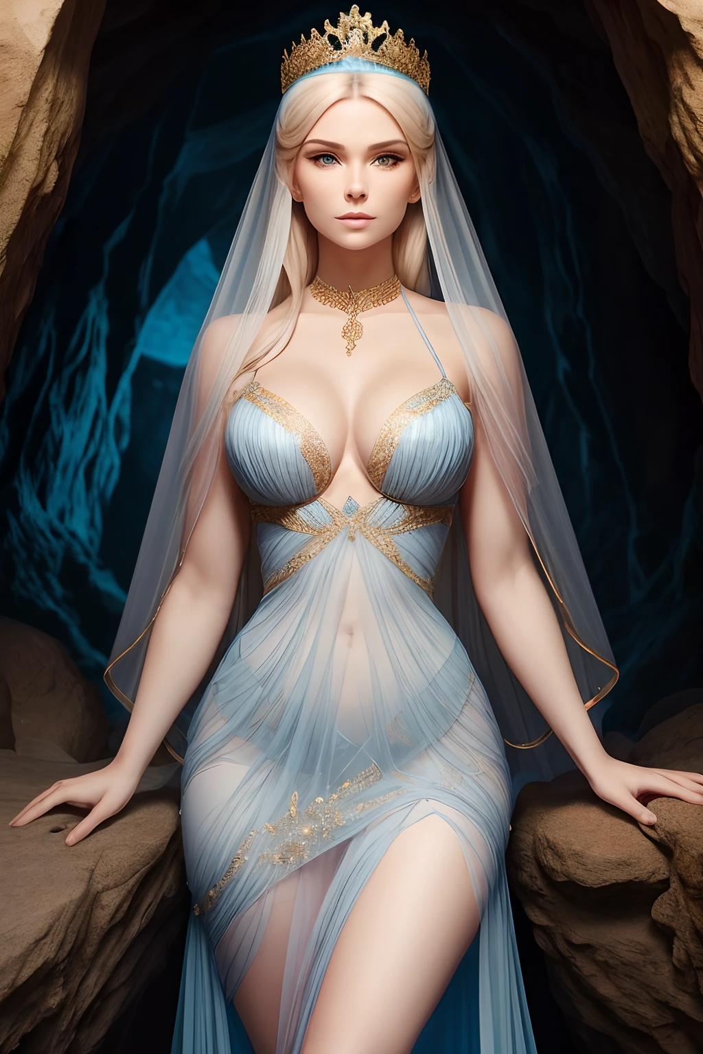 Helga Vonn Eisendorff (cabelos longos loiros), em um longo vestido azul claro com longas fendas laterais ( Tecido transparente ), (light blue dress), tiara dourada, golden armlets, braceletes de ouro, faixa dourada, colar choker de ouro, brindos de argola, pale skinned, Curvilinear athletic body, coxas expostas, longos cabelos loiros, CABELOS SOLTOS, olhos azuis, - Caverna iluminada, imagem detalhada 64K