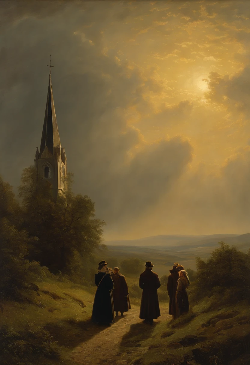 Painting of a group of people, die auf einem Feld mit einer Kirche im Hintergrund spazieren gehen, Kramskoi, Kramskoi 4 K, by Caspar David Friedrich, Romantik Malerei, von Ivan Kramskoi, Gotische Malerei, Romantik Landschaftsmalerei, inspiriert von Władysław Czachórski, asher david friedrich, caspar friedrich