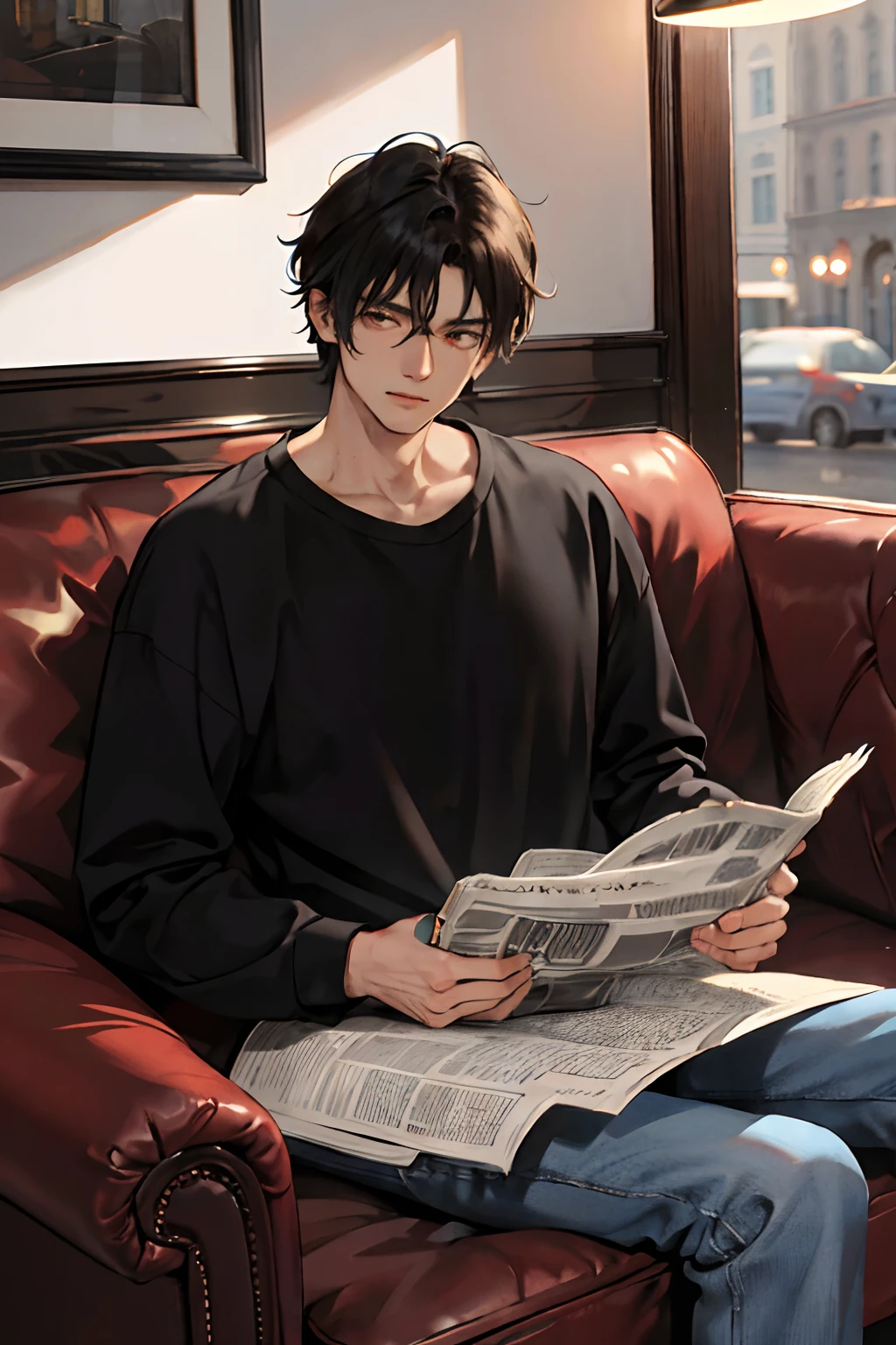 (masterpiece:1.2, best quality), (real picture, intricate details), solo, 1 male character, black hair, full body shot, shirt, casual, reading a newspaper, badboy, he is sitting in the sofa, in a cozy coffee shop, cozy place
