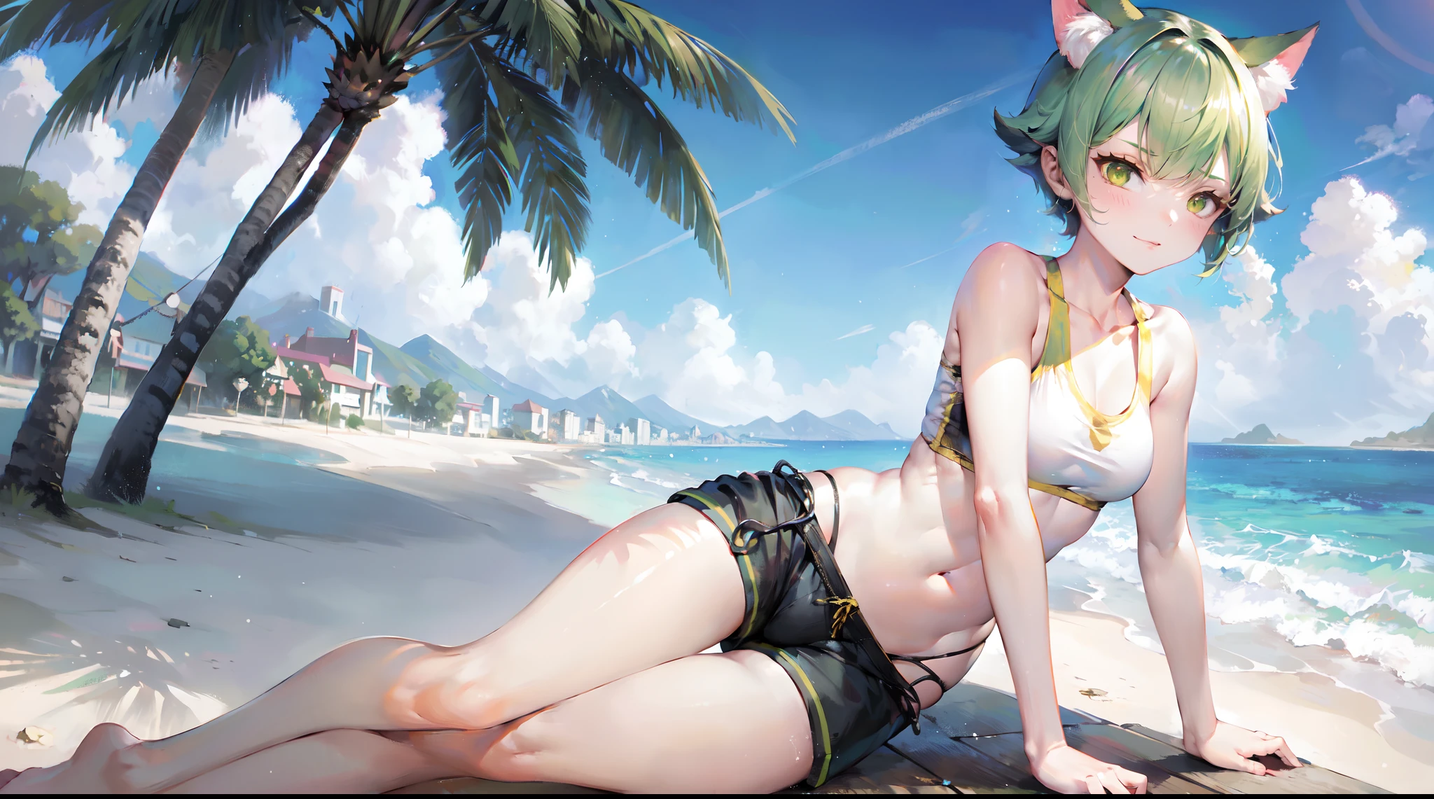 cat girl, beach, shorts, green short hair, sand, smug, great quality, absurdres, muscle girl