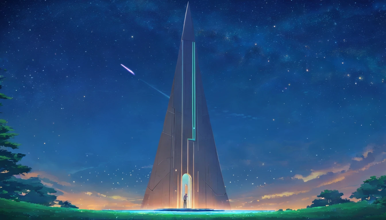 Stone slab floating in the starry sky，The stele is covered with unknown text，Spaceship hanging in front of a stone monument，There is no text in the photo，There is no basis