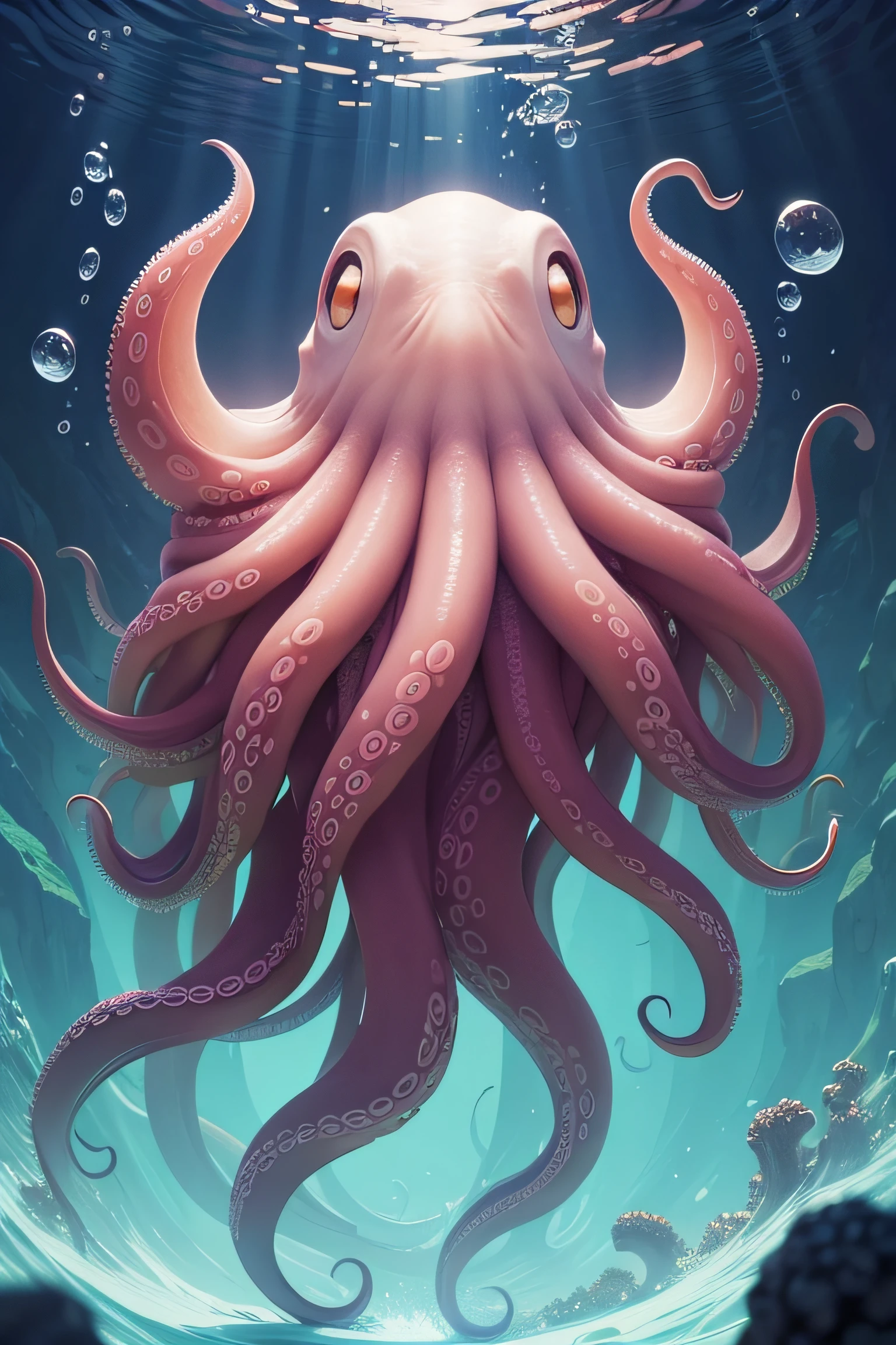 scylla, tentacles, fused at hip, 1girl, solo, underwater, Volumetric Lighting, Shallow Depth of Field, full body, masterpiece, (highres), absurdres, 4K, 8K, 16K, hyper-detailed, deep eyes, stunning, intricate, sharp, smooth, realistic, huge breasts, chubby