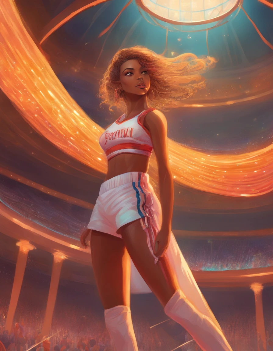 A girl named Aranza in a basketball court,illustratio,ultra-detailed,stadium lights,vivid colors,beautiful detailed eyes,beautiful detailed lips,athletic attire,dribbling the ball,confident gaze,energetic pose,playing with passion,fans cheering in the background, Onyx tones.
