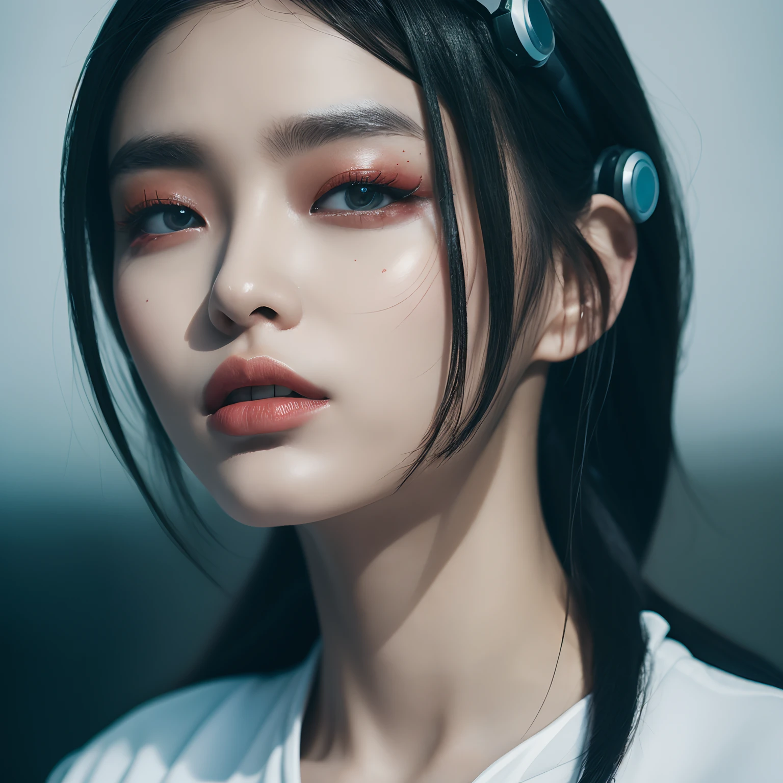 An award winning photography of a cyborg Korean woman. high editorial photo, wearing futuristic normcore fashion, glossy lips, double eyelids, hyper res