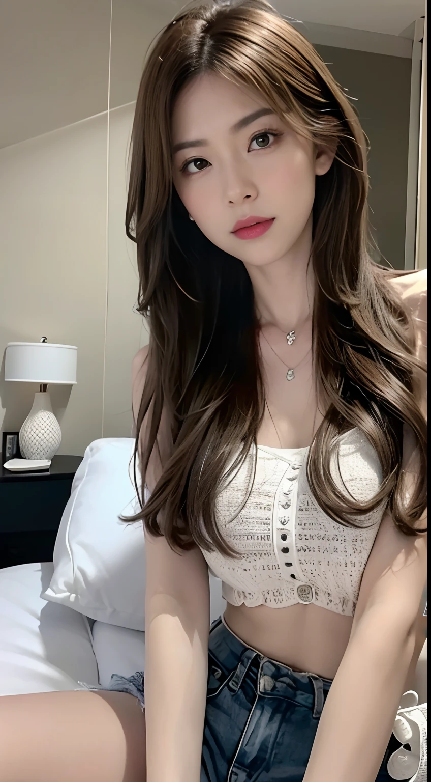 realistic photos of (1 cute Korean star) long wavy hair, thin makeup, big breasts size, sleeveless shirt, clear facial features, 8K high resolution, sharp and realistic details.from indoor, Eye-Level Shot, f/4.0, 135mm, Fujifilm, jpeg artifacts, dithering, UHD, masterpiece, selfie, showing forehead, fellatio hand gesture