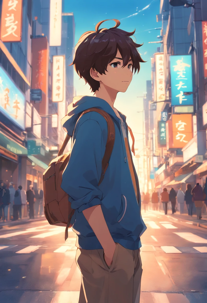 A boy, transformed into an anime style, with exaggerated unique facial features and clothing, standing on a bustling city street, backlit background highlighting the subject, high-contrast colors, 4K high-definition quality，young, smiling, handsome