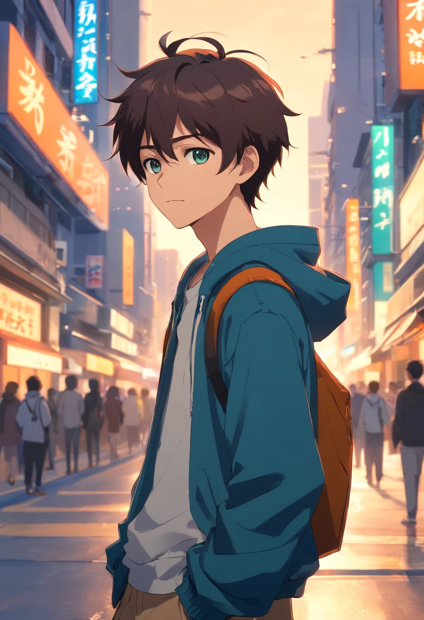 A boy, transformed into an anime style, with exaggerated unique facial features and clothing, standing on a bustling city street, backlit background highlighting the subject, high-contrast colors, 4K high-definition quality,young, smiling, handsome