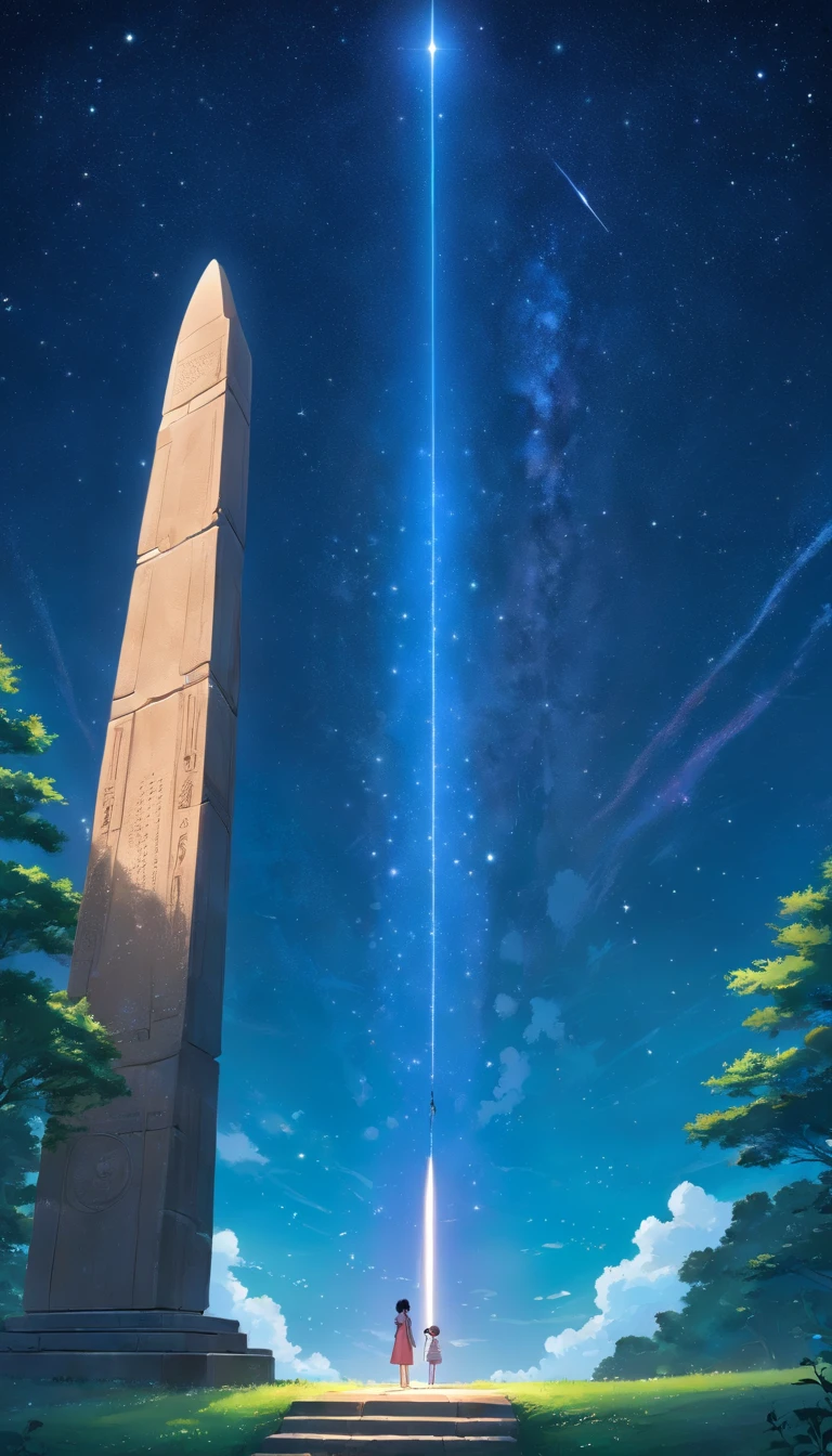 Stone slab floating in the starry sky，The stele is covered with unknown text，Spaceship hanging in front of a stone monument，There is no text in the photo，There is no basis