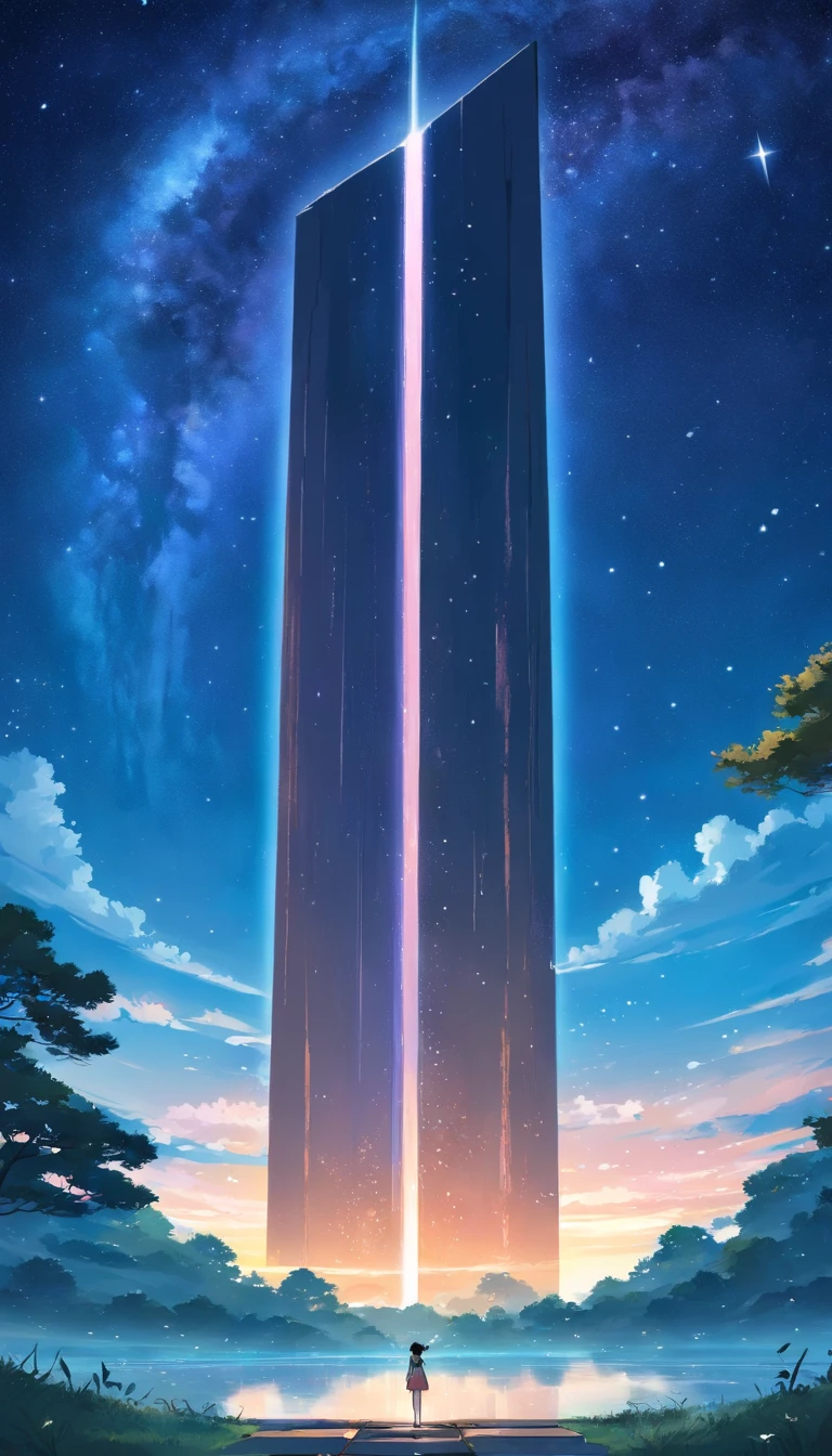 Stone slab floating in the starry sky，The stele is covered with unknown text，Spaceship hanging in front of a stone monument，There is no text in the photo，There is no basis