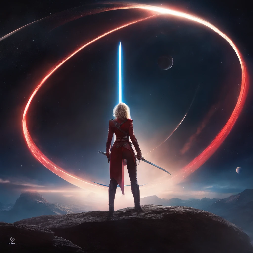 masterpiece, bestquality, a girl, Black navel shirt, Red Ribbon,abstract background,outer space,Blonde hair,Holding a sword in his hand.,Embarrassed expression,Stand on a spaceship.