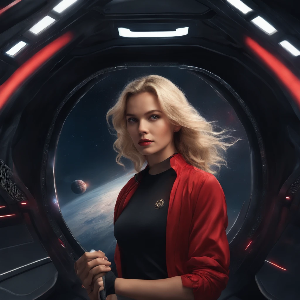 masterpiece, bestquality, a girl, Black navel shirt, Red Ribbon,abstract background,outer space,Blonde hair,Holding a sword in his hand.,Embarrassed expression,Stand on a spaceship.