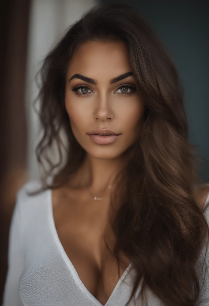 Mixed-race woman without clothes , fille sexy aux yeux bruns, cheveux bruns et grands yeux, selfie of a young woman, Yeux de chambre, Violet Myers, sans maquillage, maquillage naturel, looking straight at camera, Visage avec Artgram, Maquillage subtil, Superbe photo du corps entier, dans la chambre, neckline full breasts