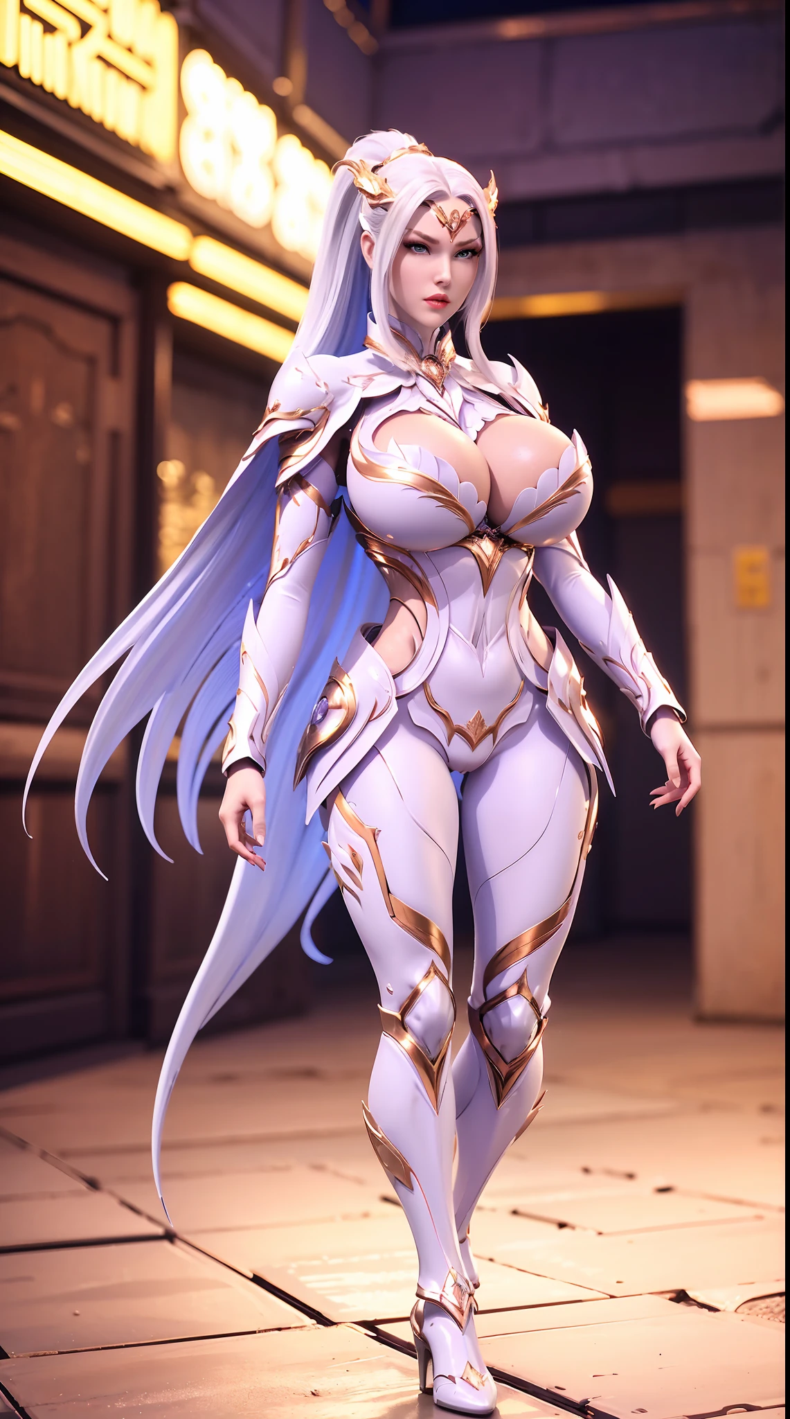 (DRAGON QUEEN HELM, PONYTAIL), (HUGE FAKE BOOBS:1.3), (WHITE, PURPLE, GOLD), (STREET CITY BACKGROUND), (FUTURISTIC ICE PHOENIX MECHA BODYSUIT, ROYAL CAPE, CLEAVAGE:1.2), (SKINTIGHT YOGA HOTPANTS, HIGH HEELS:1.2), (PERFECT BODY, FULL BODY VIEW:1.5), (LOOKING AT VIEWER), (WALKING DOWN:1.2), MUSCLE ABS:1.3, ULTRA HIGHT DEFINITION, 8K, 1080P.