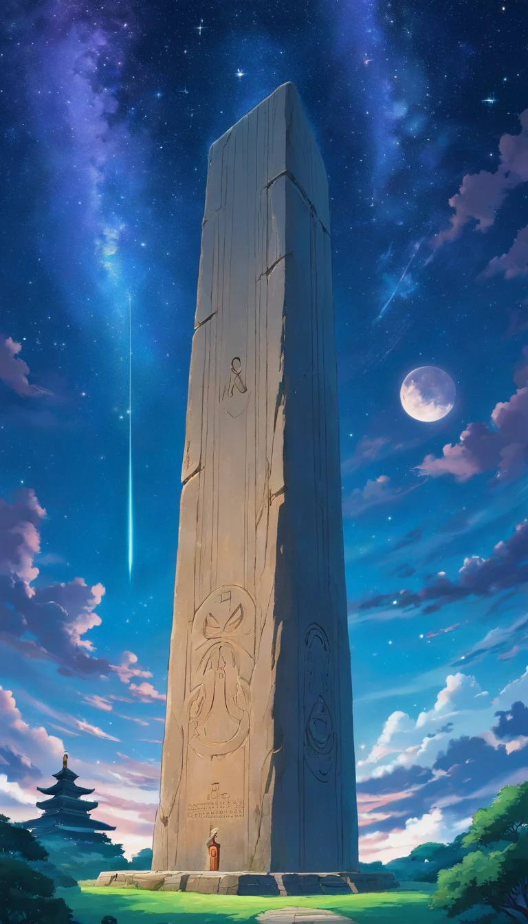 Stone slab floating in the starry sky，The stele is covered with unknown text，Spaceship hanging in front of a stone monument，There is no text in the photo，There is no basis