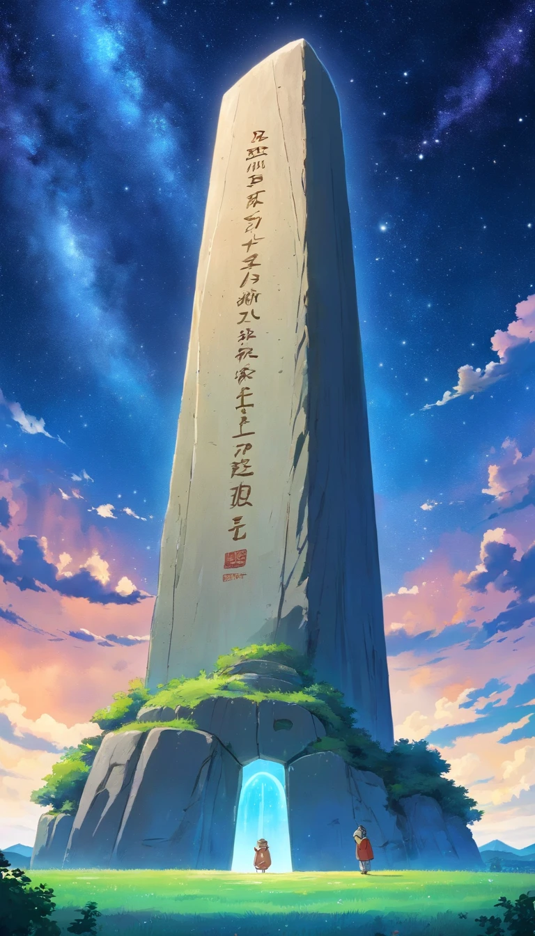 Stone slab floating in the starry sky,The stele is covered with unknown text,Spaceship hanging in front of a stone monument,There is no text in the photo,There is no basis