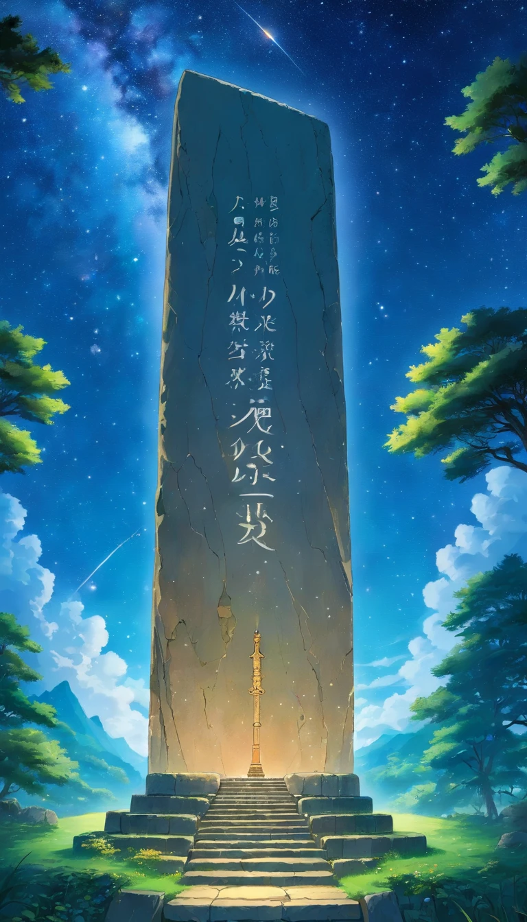 Stone slab floating in the starry sky，The stele is covered with unknown text，Spaceship hanging in front of a stone monument，There is no text in the photo，There is no basis