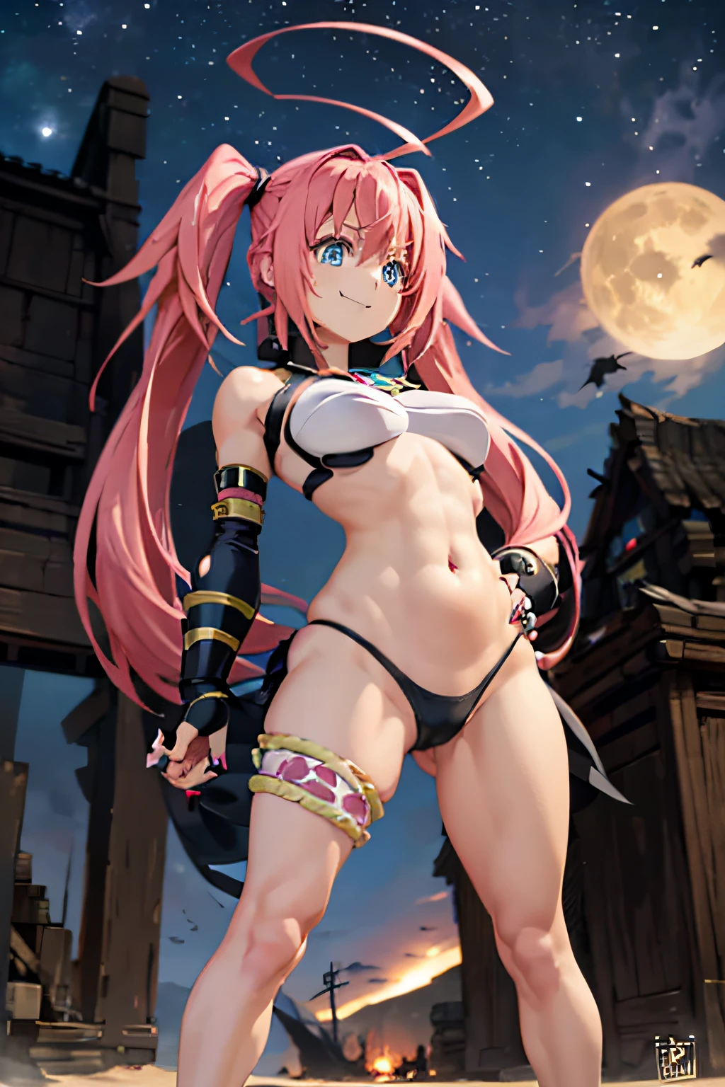 1Female、Tensei shitara slime datta ken(((Milim Nava))), King Lord demon、Milim Nava's masterpiece body、High Quality Bikini Armor、Black bikini armor、Accurate Milim Face、blue eyes、gaze evil、pink hair、two-tailed、Proud double tails、barefoot, (((medium feet))), (((ultra quality rounded toes))), ultra detailed, (((rounded nails painted black nail polish))) (( (ultra detailed)))、Average breasts、huge smile、big ahoge, full body photo, muscular belly, on the beach, (((ultra detailed and realistic legs))), ultra detailed face, perfect scenery, night, sky starry, (((standing)))