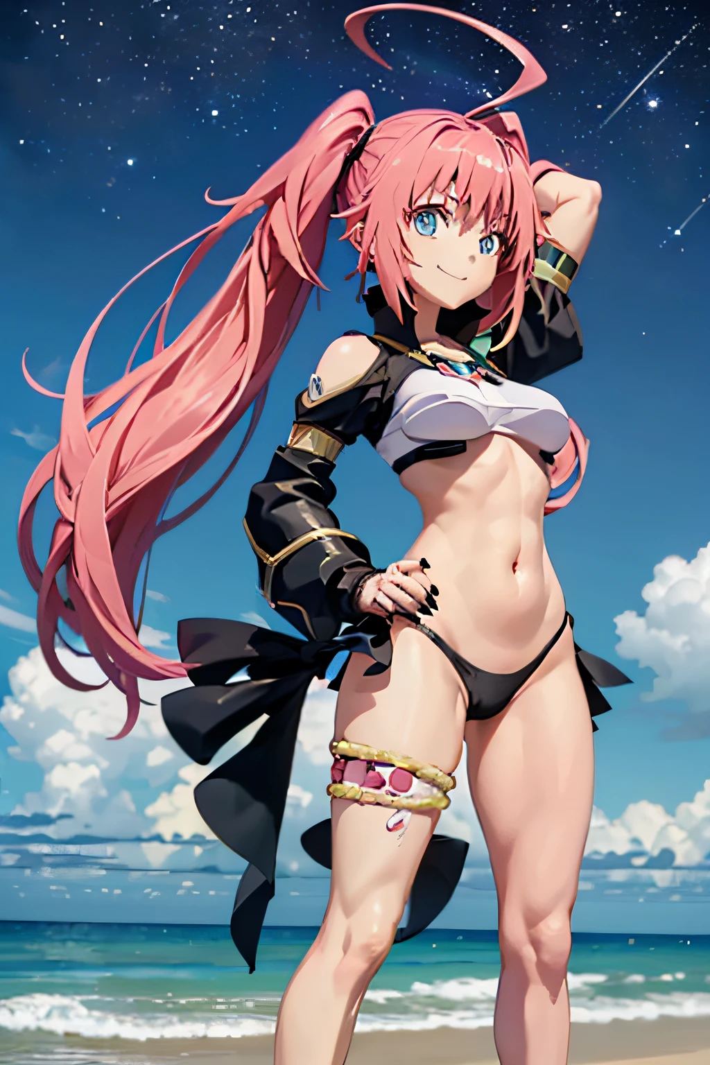 1Female、Tensei shitara slime datta ken(((Milim Nava))), King Lord demon、Milim Nava's masterpiece body、High Quality Bikini Armor、Black bikini armor、Accurate Milim Face、blue eyes、gaze evil、pink hair、two-tailed、Proud double tails、barefoot, (((medium feet))), (((ultra quality rounded toes))), ultra detailed, (((rounded nails painted black nail polish))) (( (ultra detailed)))、Average breasts、huge smile、big ahoge, full body photo, muscular belly, on the beach, (((ultra detailed and realistic legs))), ultra detailed face, perfect scenery, night, sky starry, (((standing)))