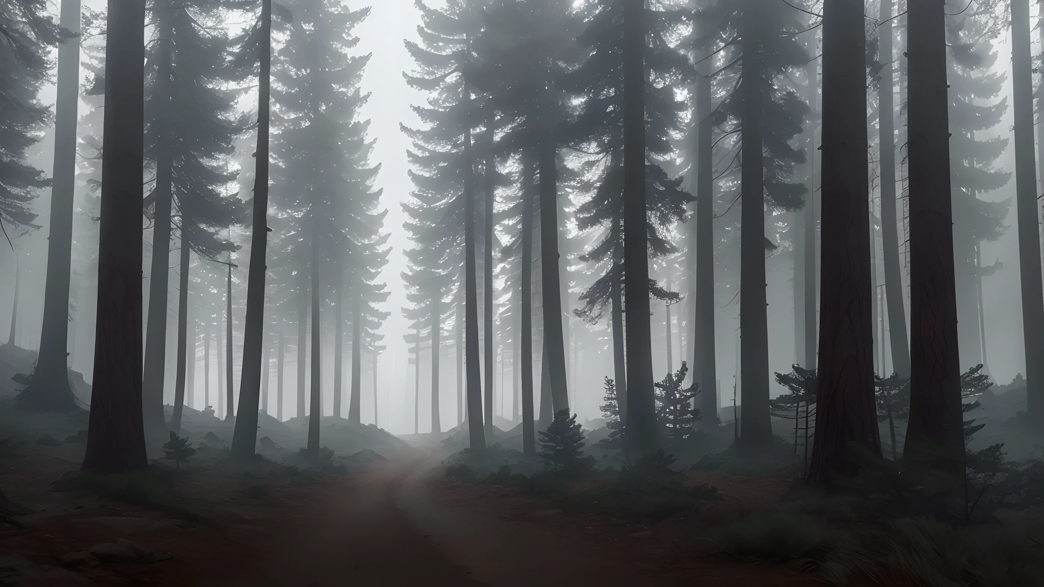 Dense pine forests 4k quality highly dense with fog almost no visibility due to fog dark cloudy daytime  almost no sunrays 10 percent  visibility due to fog traditional 90's lamp nearby. Hyper realistic 4k quality