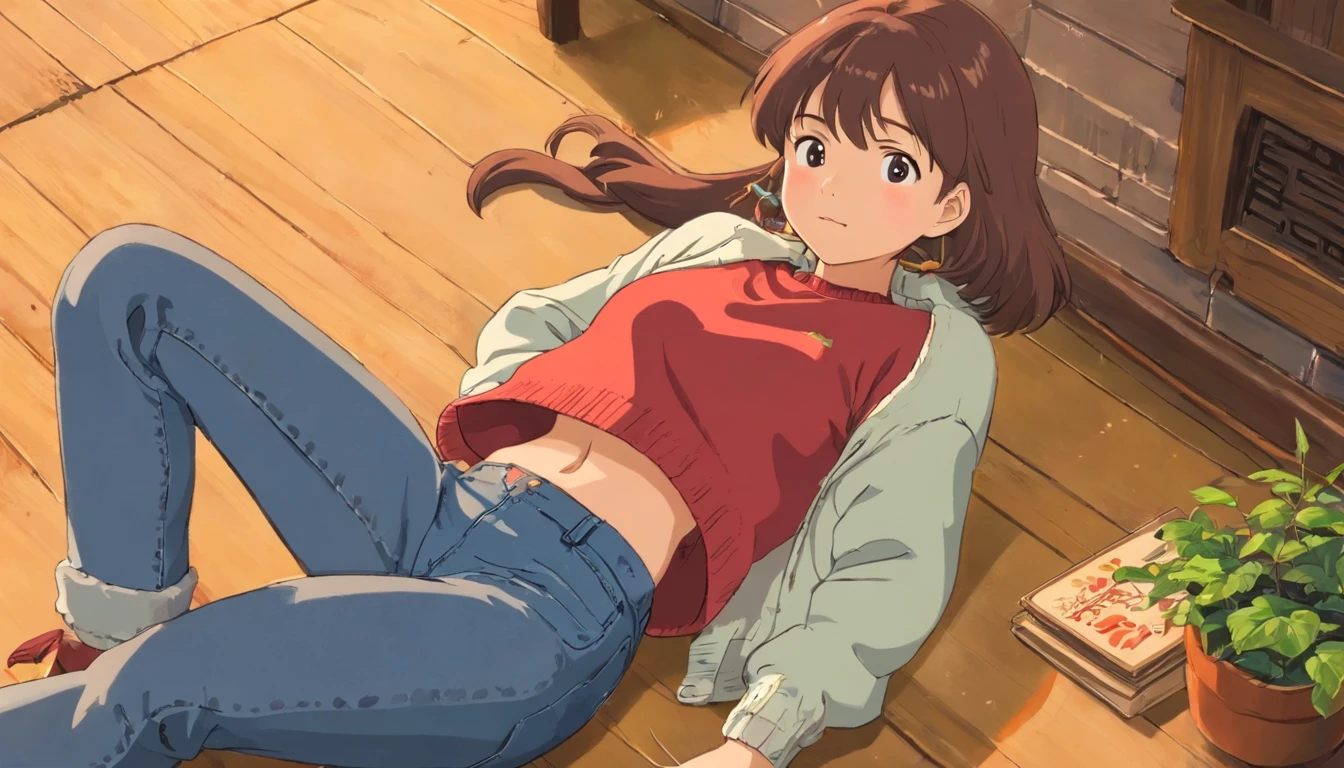 Girl wearing a cropped sweater that comes just above her belly button and low rise jeans #fullbody
