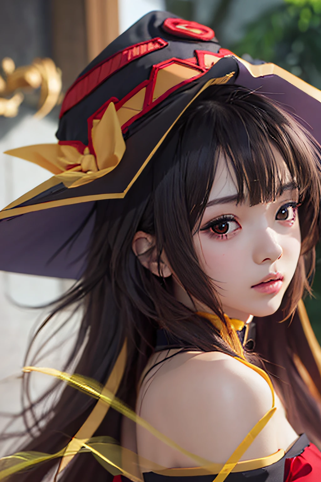 4K、finedetail、超A high resolution、Detail Face、Delicat eyes、gradient eyes、gradation hair、light tracing、realskin、Beautiful skin、((​masterpiece、top-quality))、(1girl)、Megumin\(konosuba\)、 Megumin, 1girl in, Bare shoulders, Black Cape, Black Gloves, Black hair, Cape, Choker, 鎖骨, Dress, hair between eye, hat, Long sleeves, Looking at Viewer, Medium Hair, Off shoulder dress, off shoulders, Red dress, Red Eyes, side locks, Solo, Witch Hat, Indoors,、Konosbarashii Sekainiškufukuwo!