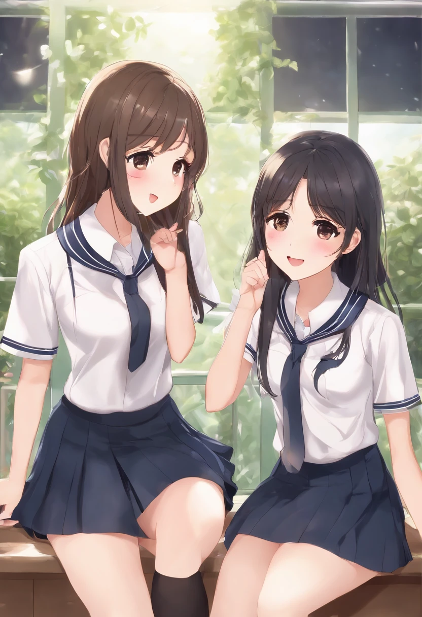 Female duo、23years old, Classroom、high-school uniform:1.2,Dark blue skirt、White Short Sleeve Y-Shirt、shortsleeves、neck tie、Raw feet、beauty legs、a smile、smile、ssmile、masutepiece, Random Poses、超A high resolution, (Ecstasy:1.0), 1girl in, (sobbing:1.0), Dark hair, Dramatic Lighting, female dog, Normal-breasted,