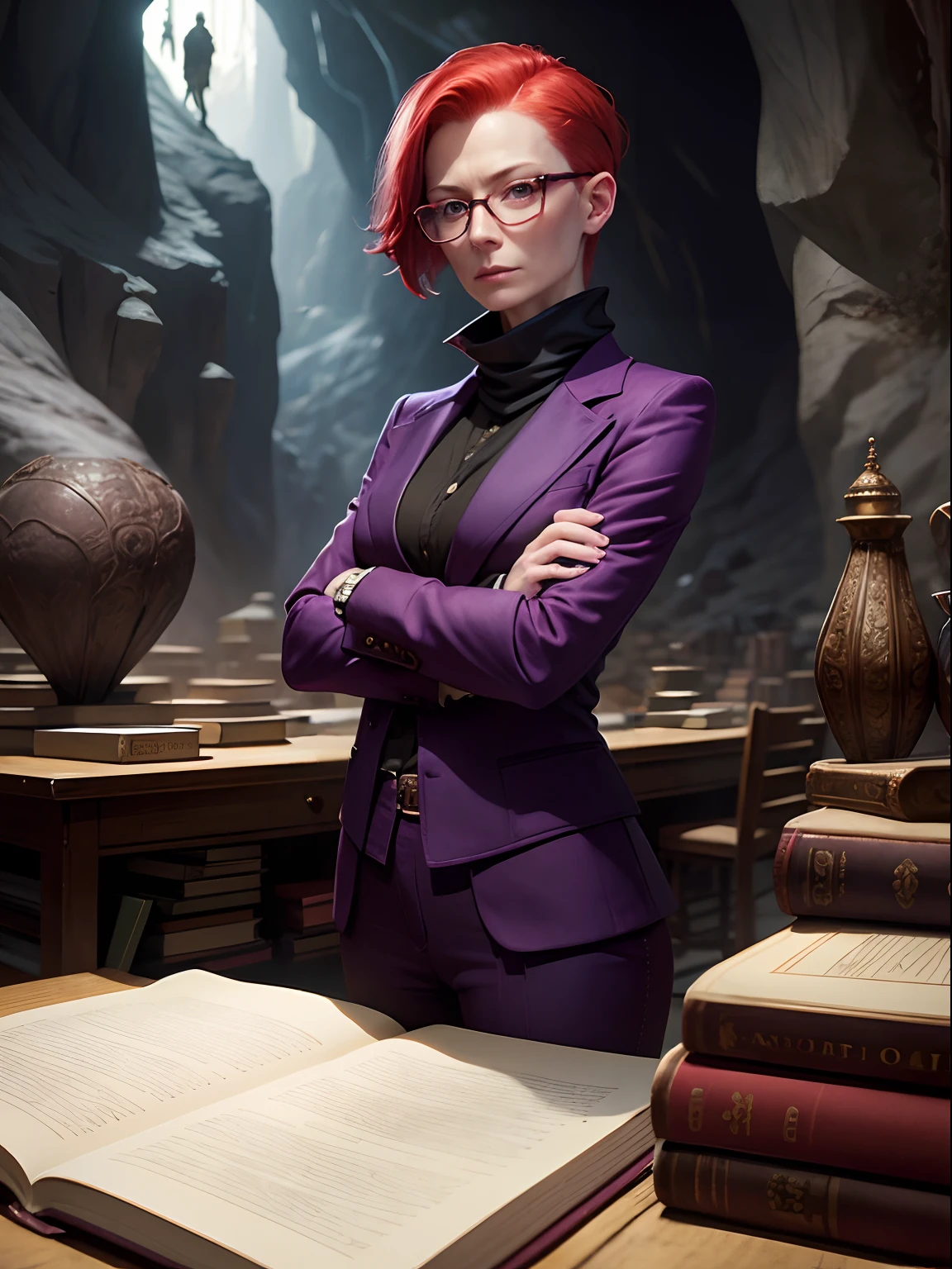 40 year old woman, Tilda Swinton, pale skin, pixie cut red hair, glasses, purple silk scarf, tweed jacket, eyebrow raised, quizzical, arms crossed, arms folded, leaning against enormous table, books, files, maps, in cavern, stalactites, crates
