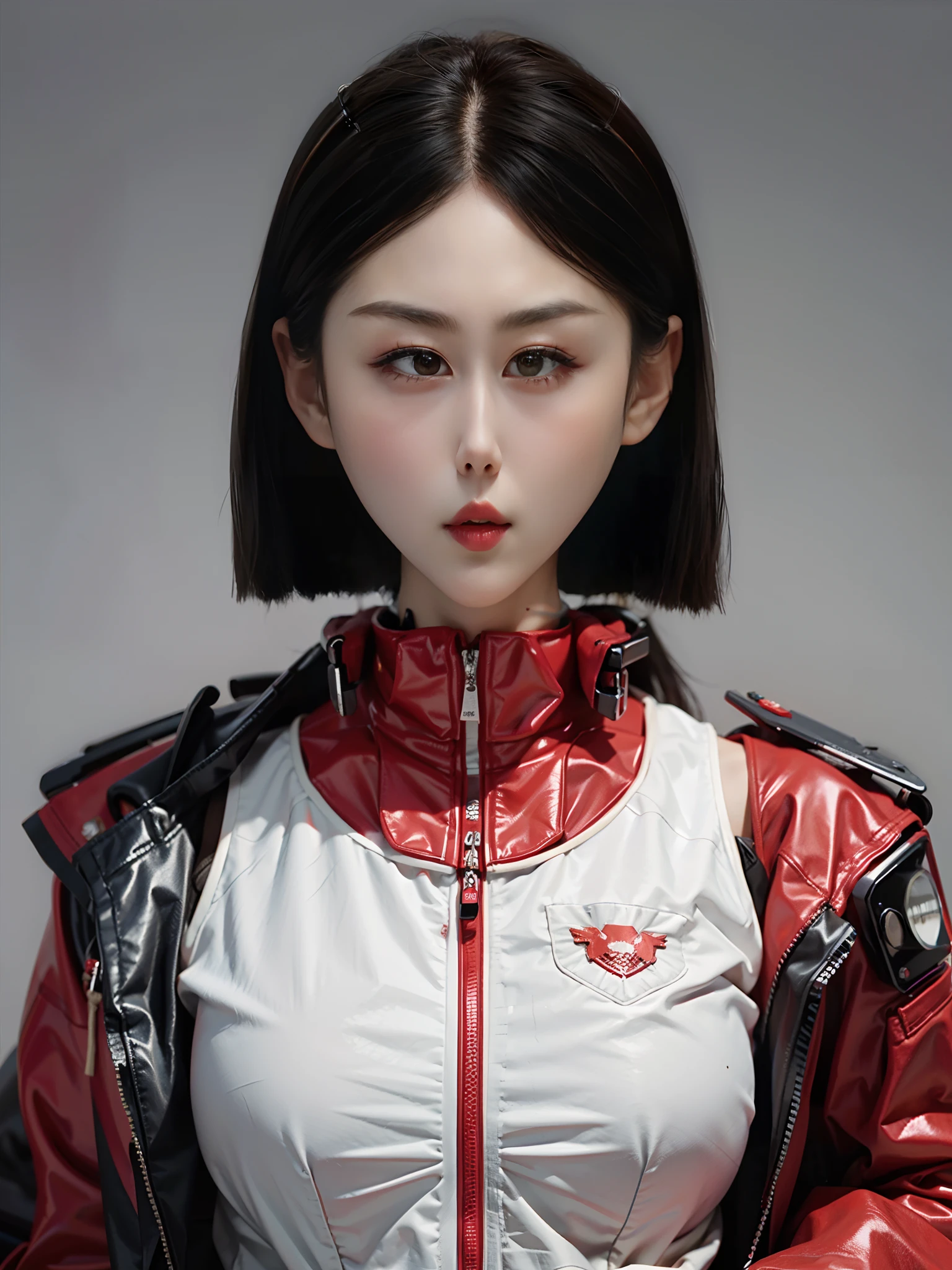 1 beautiful woman,Wearing a red mech,bulletproof vest,cyber punk perssonage,greybackground
