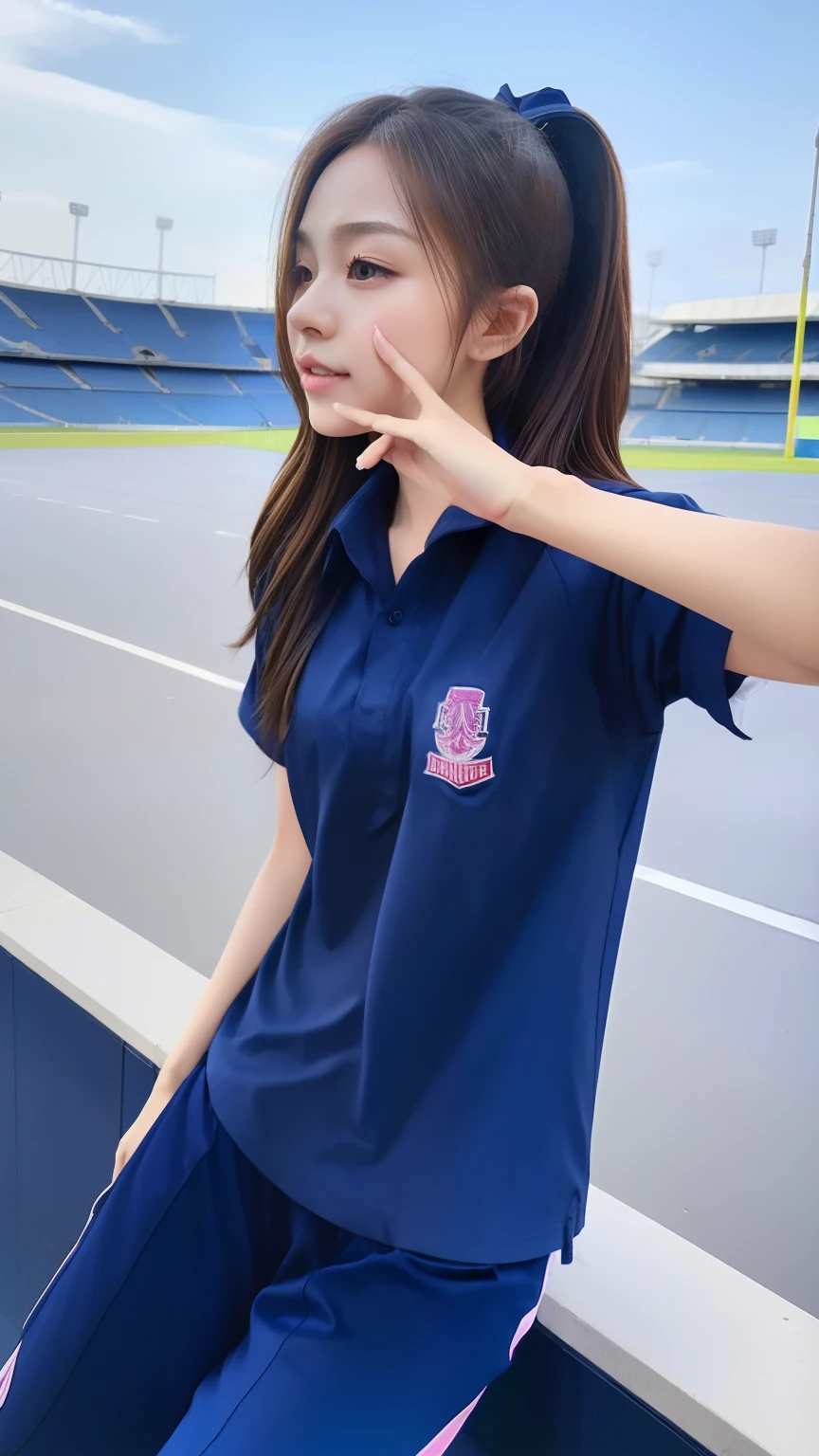(bestquality,10,10,highres,masterpiece:1.2),ultra-detail,(Realistic,photorealistic portrait,photo-realistic:1.37),2 cute girls on the football field,oily shiny skin,bara,light smile,BDclothes,((blue shirt:1.3)),short sleeves,shirt, trousers.,(navy_long_Pants Track:1.1), ((Stadium Background:1.3)),dynamic angle,excited,face focus,Dynamic Poses,from behide,Ass Focus,masterpiece, bestquality, ultra realistic, hyper-detail, 8k resolution, RAW photo, crisp focus, ((Navy blue shirt:1.1)), short sleeves, Long Path, Perfect body, 2 mature women, 18yo, cinematic light,Blue sweatpants,Gymware,Correct anatomy,Complete body, Correct body, sharp face, Anatomically correct body, full entire body, Realistic gestures, long-haired, Realistic poses,Wear long shorts...,Long leg span,Shapely,Sculpting Girl, 2 girls kissing each other, Realistic kiss , Emotional Kiss, Wear blue gym clothes.