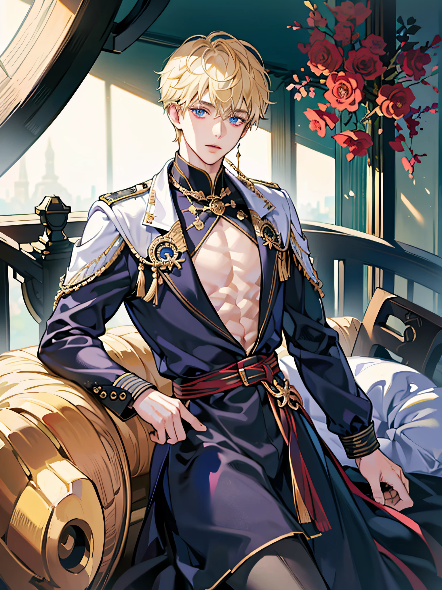 (absurderes, hight resolution, ultra-detailliert, nffsw), masutepiece, Best Quality, Portrait of a boy, Handsome boy with red eyes, Detailed face, professional photograpy, The Alafed Man Is Shirtless,,18 yo boy, Handsome boy, [ Firmly defined body ]，Abs，Chest muscles，Large bulge，Speleosem，torches，Rope binding，a blond、blue eyess